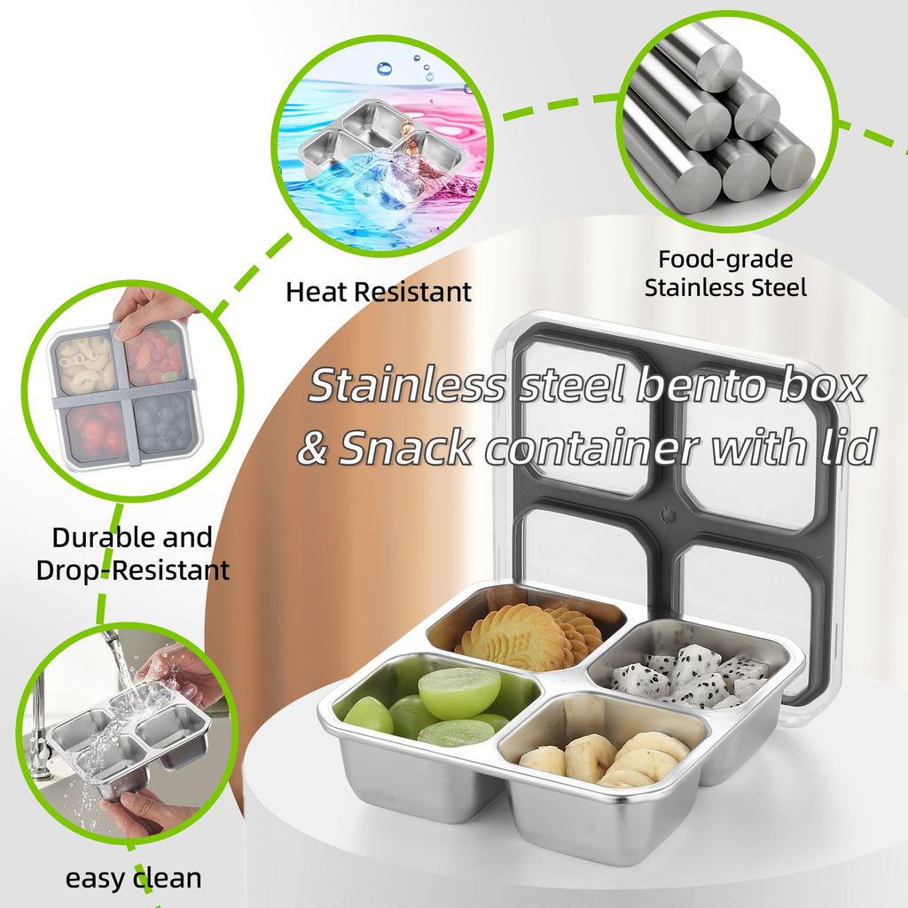 BEFOY 4 Pack Stainless Steel Snack Containers with Lids 4 Compartment Food Storage Containers for Adults & Kids Meal Prep Containers Reusablele (grey, 2)