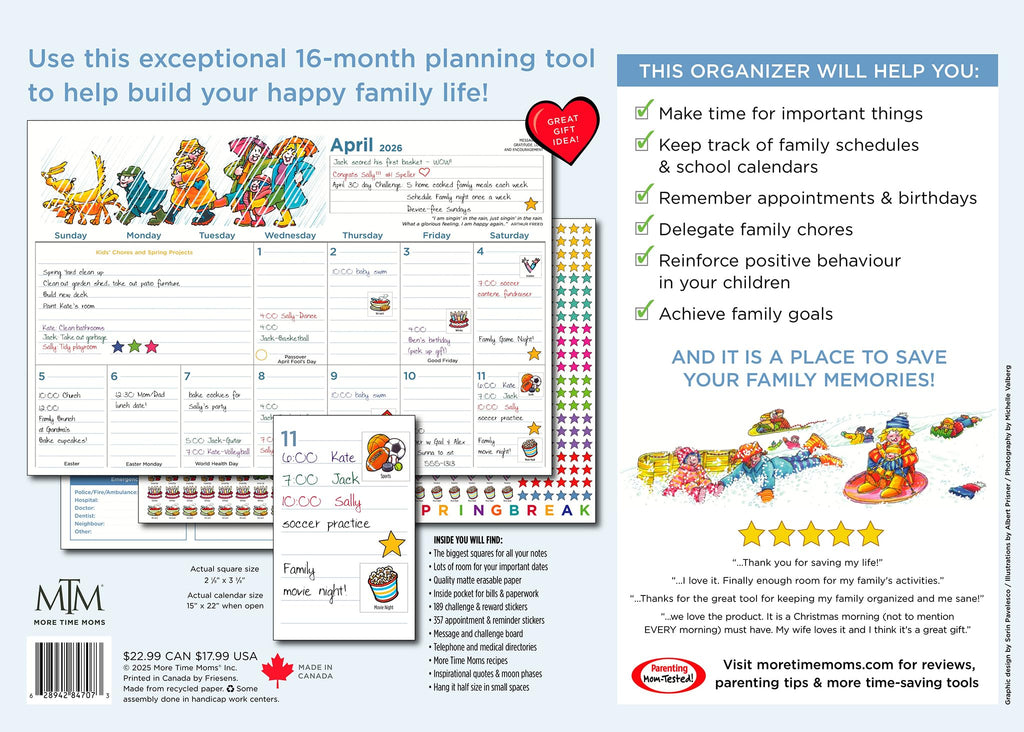 More Time Moms Family Organizer & Calendar, 2026 (15x22 Inches) - September 2025 to December 2026 - Larger & More Space for in-Depth Planning - Includes Over 500 Stickers, 16 Months, & Much More