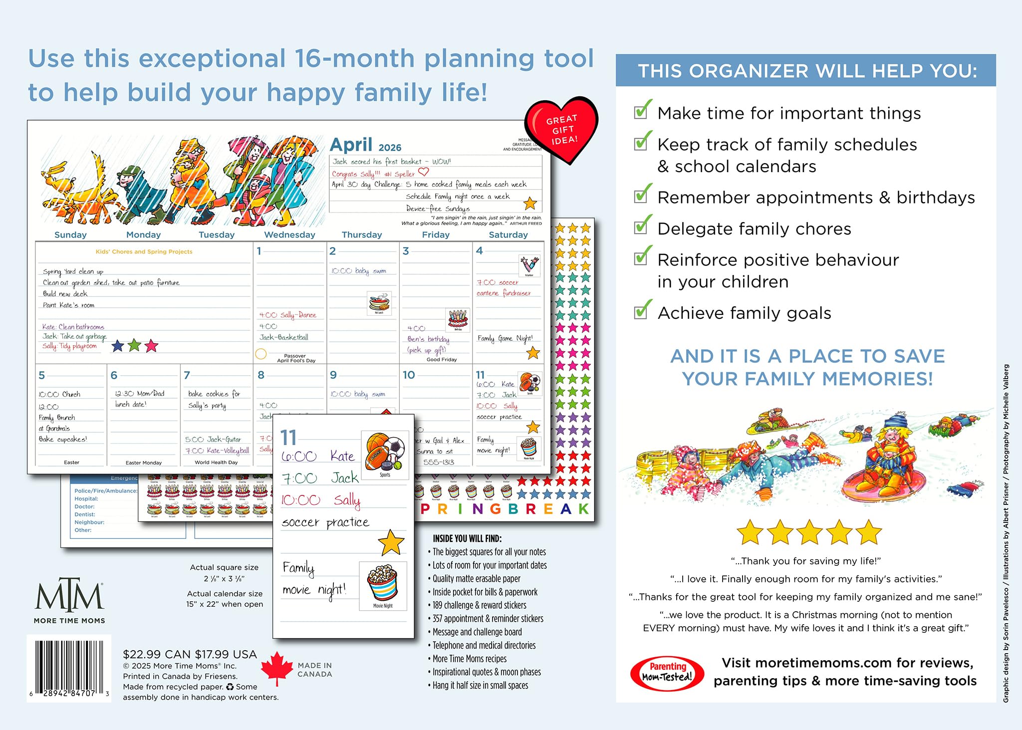 More Time Moms Family Organizer & Calendar, 2026 (15x22 Inches) - September 2025 to December 2026 - Larger & More Space for in-Depth Planning - Includes Over 500 Stickers, 16 Months, & Much More