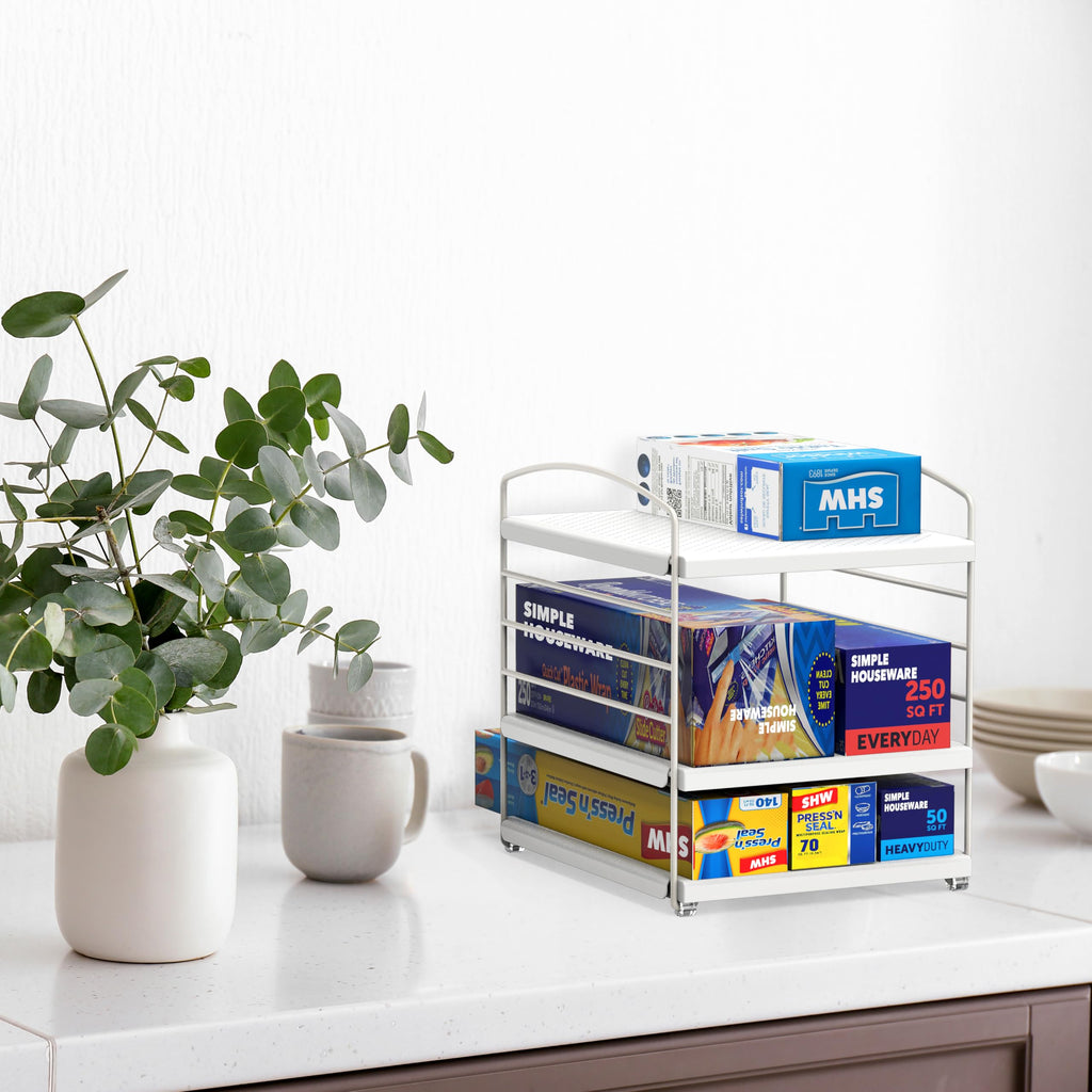 Simple Houseware Height Adjustable Kitchen Shelf Organizer, Aluminum Foil & Plastic Wrap Rack for Cabinet or Counter Storage, 9.5" D x 7.9" W x 9.8" H, White