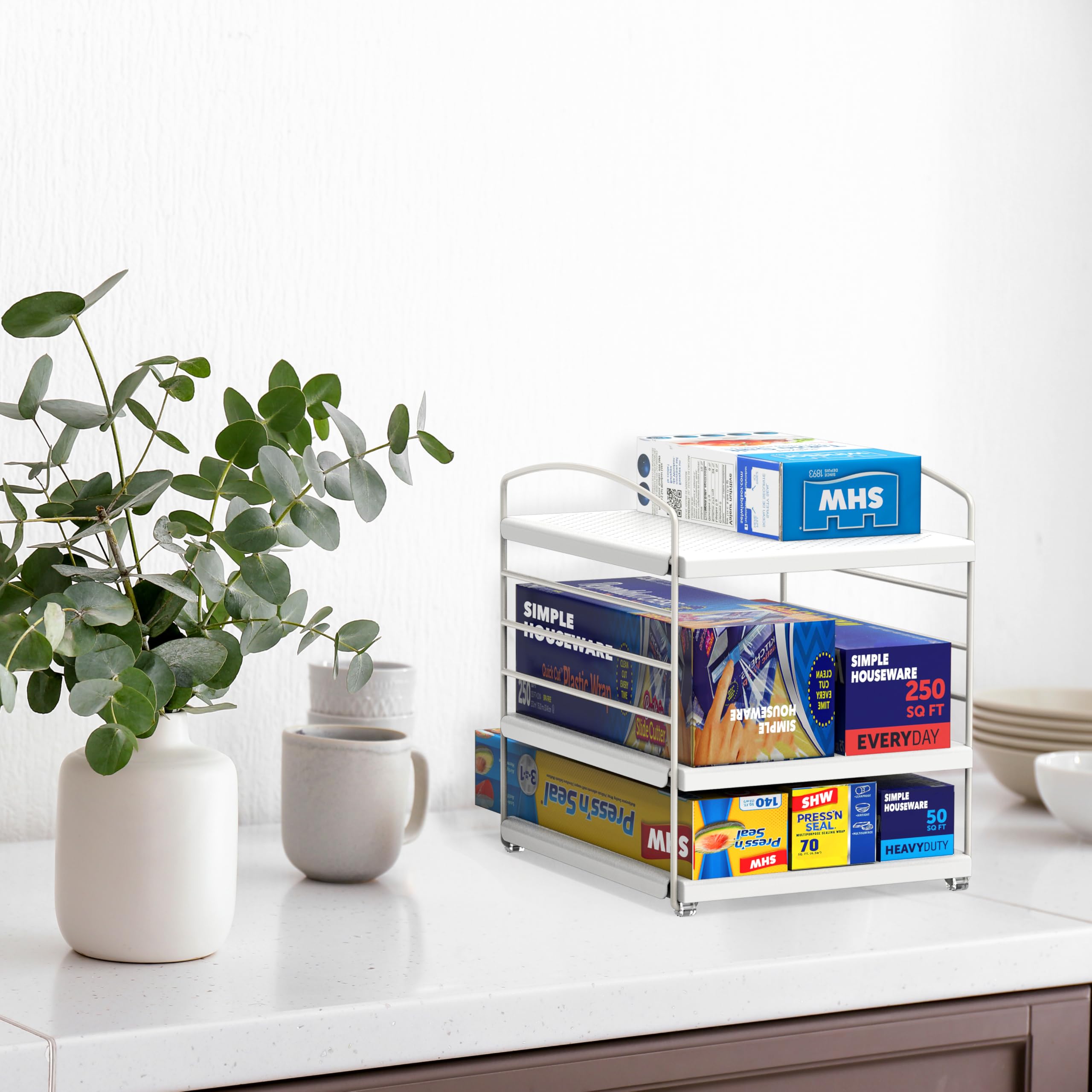 Simple Houseware Height Adjustable Kitchen Shelf Organizer, Aluminum Foil & Plastic Wrap Rack for Cabinet or Counter Storage, 9.5" D x 7.9" W x 9.8" H, White
