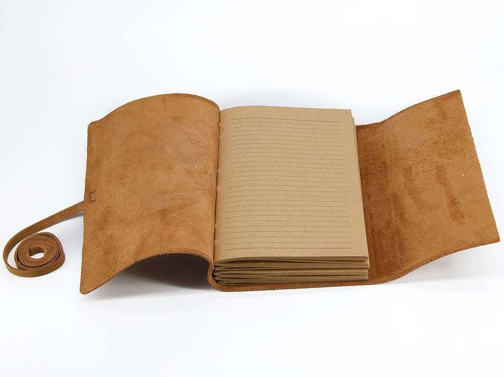 Leather Journal for women and men embossed 8 x 6 inch Handmade Lined craft paper tree of life sun and moon notebook writing notepad book of shadows journal (Brown)