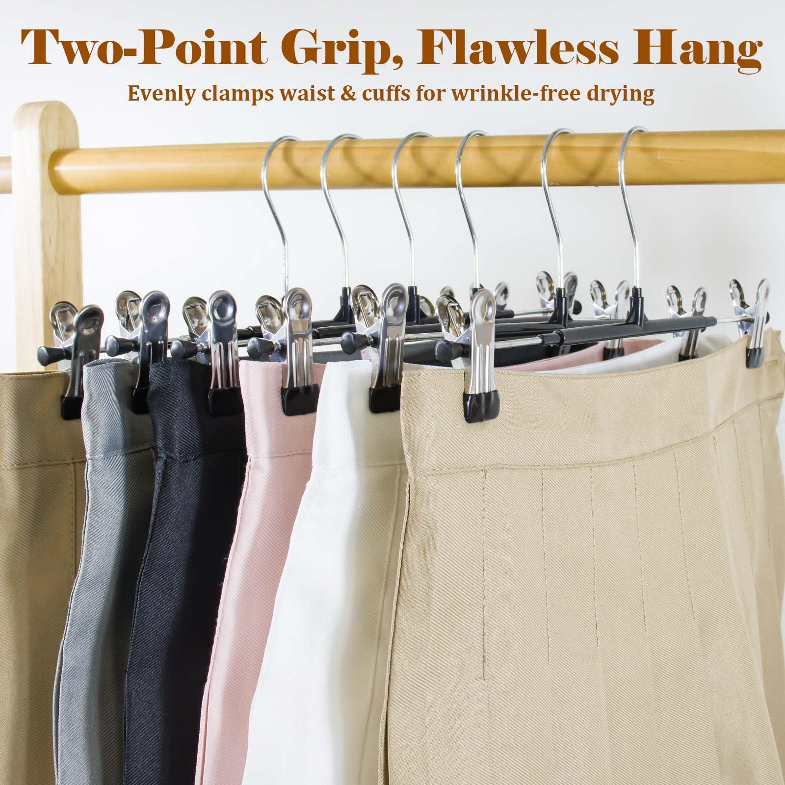 SOULNAMAN Pants Hangers with Clips, 20 Pack Pants Hangers, Adjustable Clothes Hangers, Space Saving Skirt Hanger,360° Swivel Hook Non-Slip for Pants,Skirts,Socks, Adjustable Skirt Hangers for Women