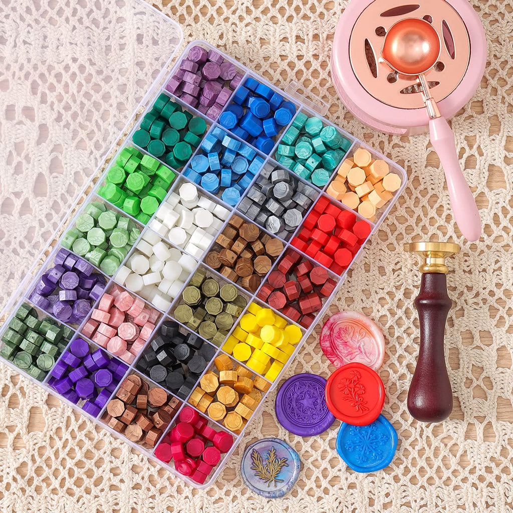Wax Seal Stamp Kit, 630 Pcs Wax Beads with Gift Box, Wax Seal Stamp with Sealing Wax Stamp, Wax Seal Warmer, Envelopes Metallic Pens, Wax Seal Stamp Set for Gift and Decoration