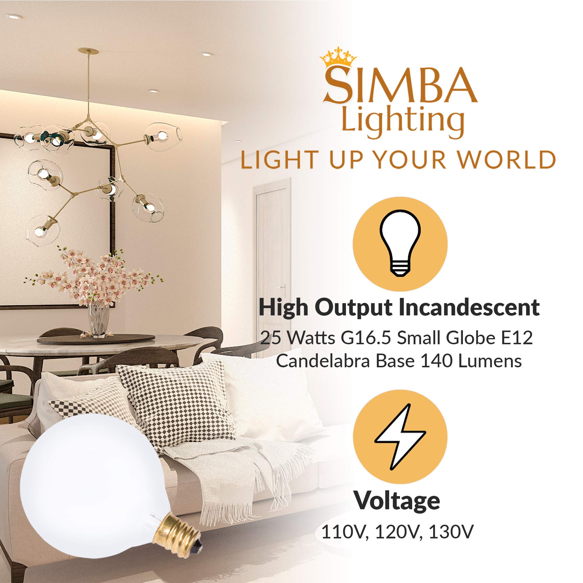 Simba Lighting Small Globe G16.5 Round Bulb 25W E12 Candelabra Base (10 Pack) for Chandelier, Ceiling Fan, Decorative Vanity Lights, Sconce, Aromatic Wax Warmer, Frosted Glass 120V, 2700K Warm White