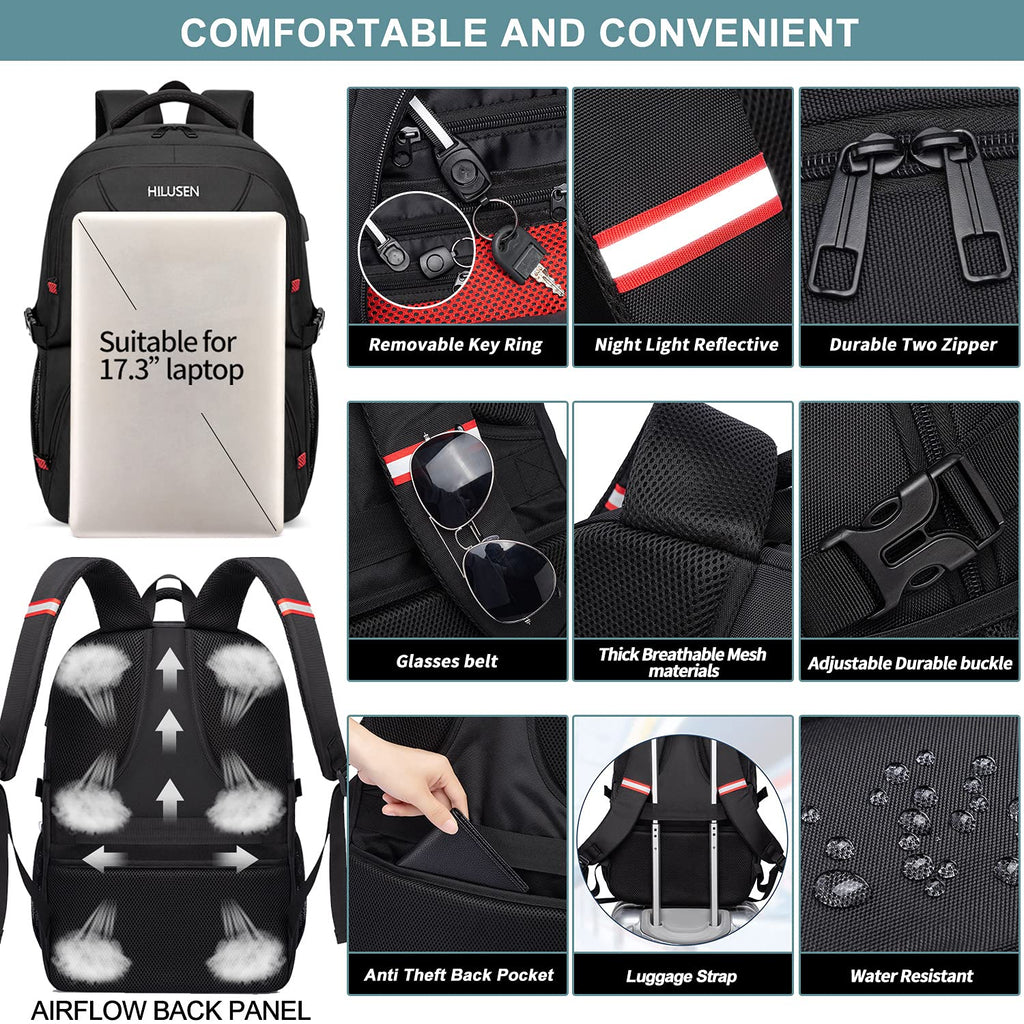 Extra Large Travel Laptop Backpack 50L,Lunch Backpack Business Work Backpack for Men Women with USB Charging Port,Water Resistant TSA Friendly Big 17.3 inch Computer Bag College School Bookbags Black