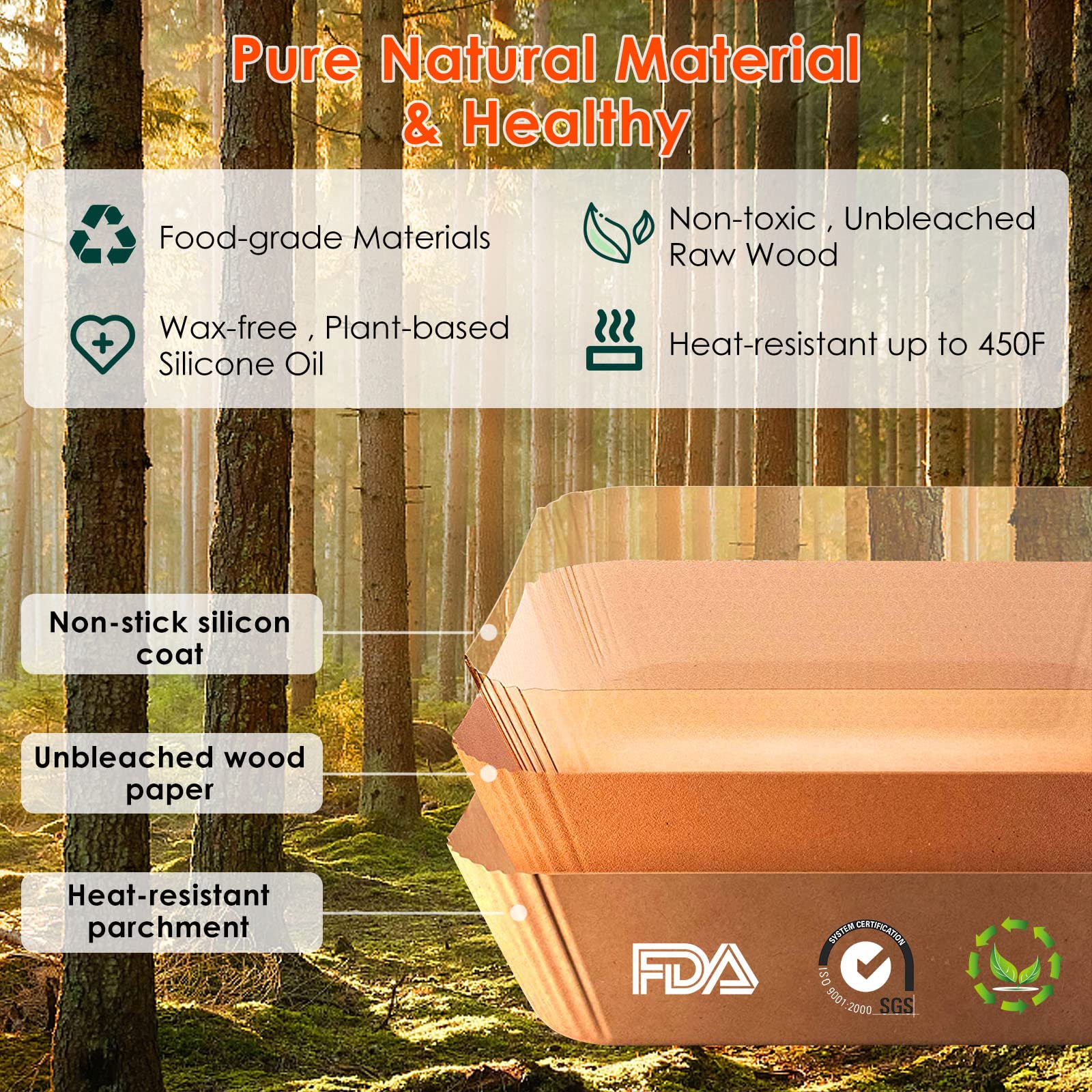 200PCS Air Fryer Paper Liners, 9.5 Inch amxus Square Air Fryer Disposable Paper Liners, Non-Stick, Oil-Proof, Food Grade Paper Liner for Baking Roasting Microwave