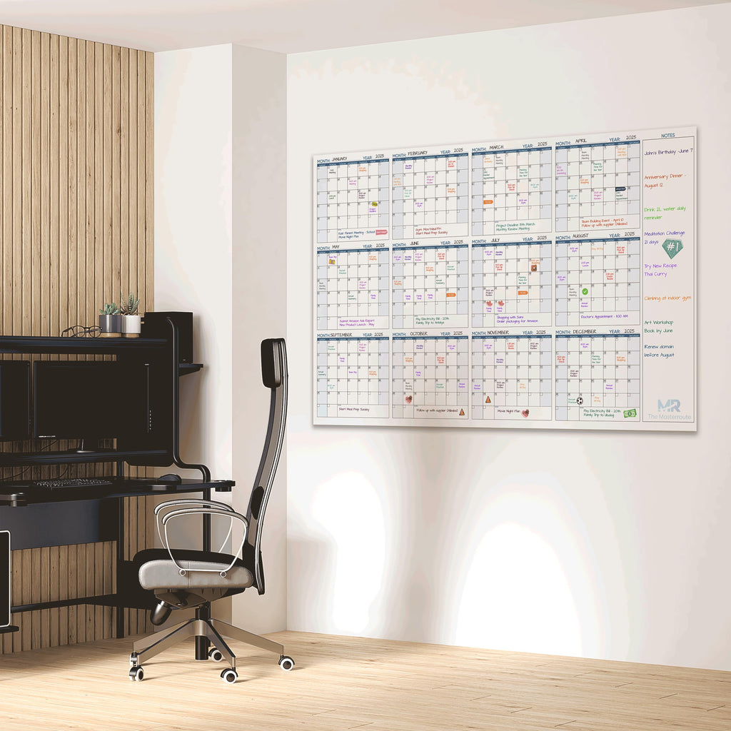 THE MASTERROUTE Large Dry Erase Wall Calendar – 147x94cm Reusable 12-Month Undated Wall Planner 2026 – Horizontal Layout with 2 Markers, 83 Stickers & Mounting Tapes for Home, Office or School