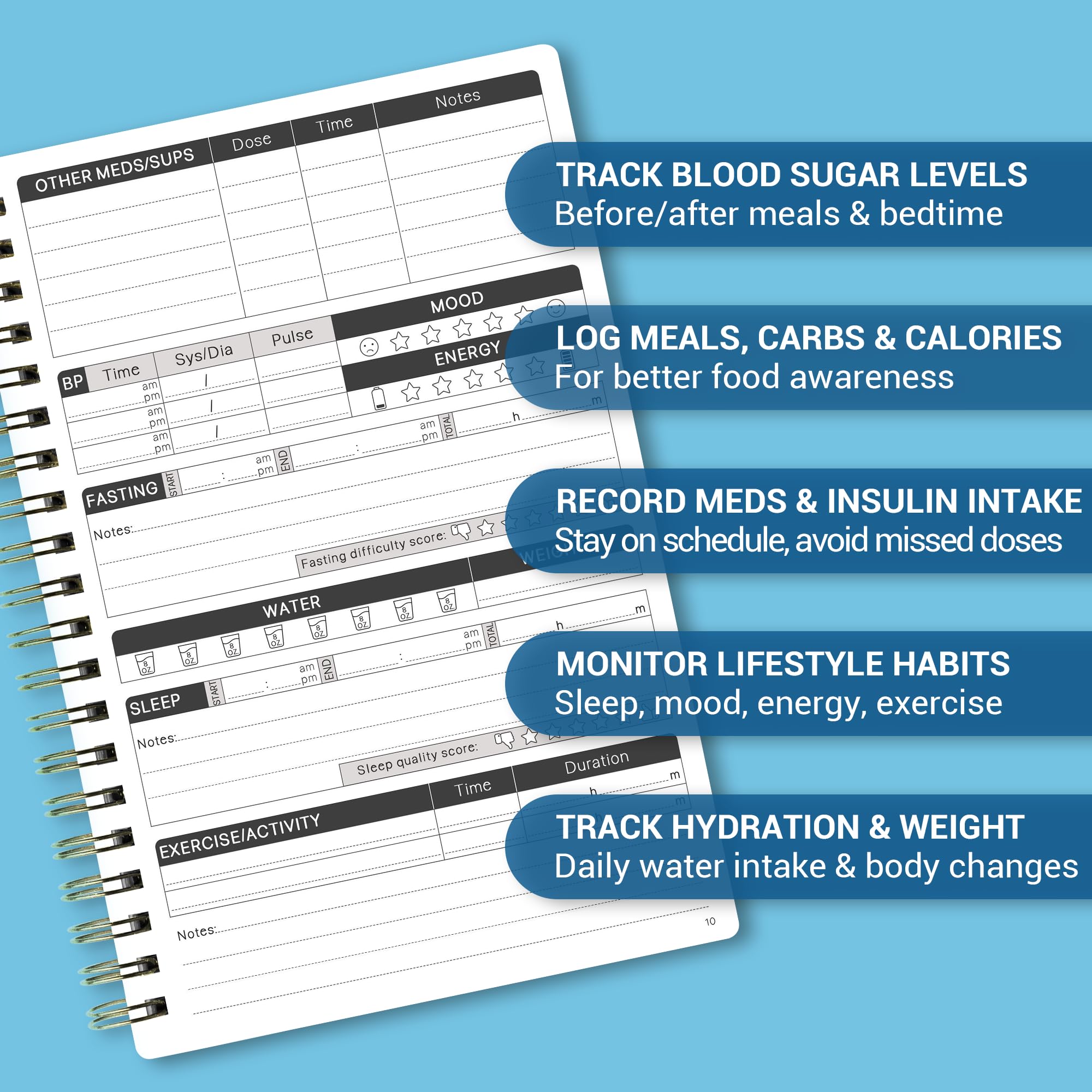 Diabetes Daily Log Book, Diabetes Food List Meal Planner, Diabetic Record Monitor for Types 1 & 2, Food & Blood Sugar, Glycemic Index (GI), Track Glucose, Carbs Calories, Insulin | A5 Spiral Bound