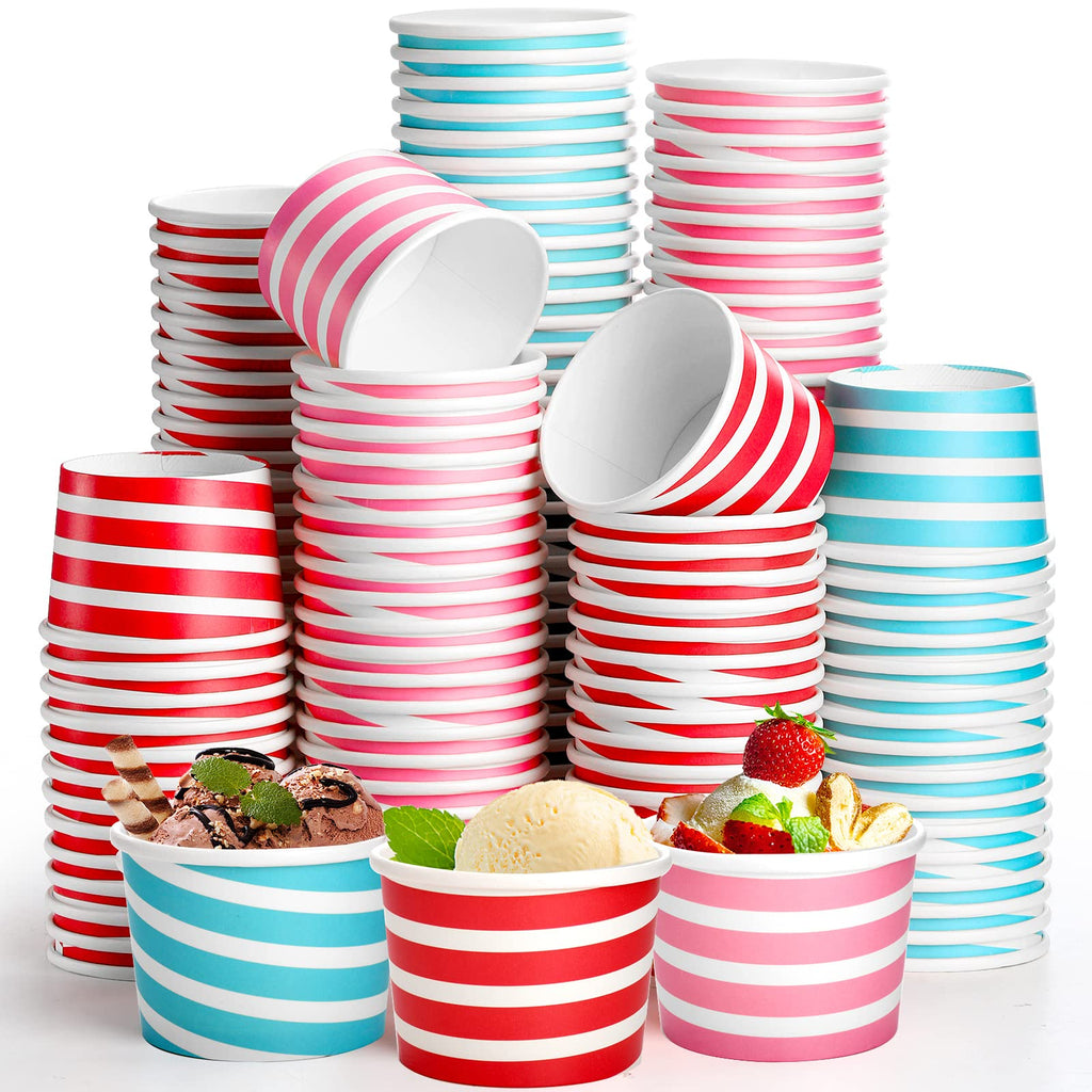 Hacaroa 150 Count 240 ml Paper Ice Cream Cups, Disposable Dessert Bowls Sundae Cup Party Supplies Treat Cups for Frozen Yogurt, Hot and Cold Food, 3 Colors Stripes