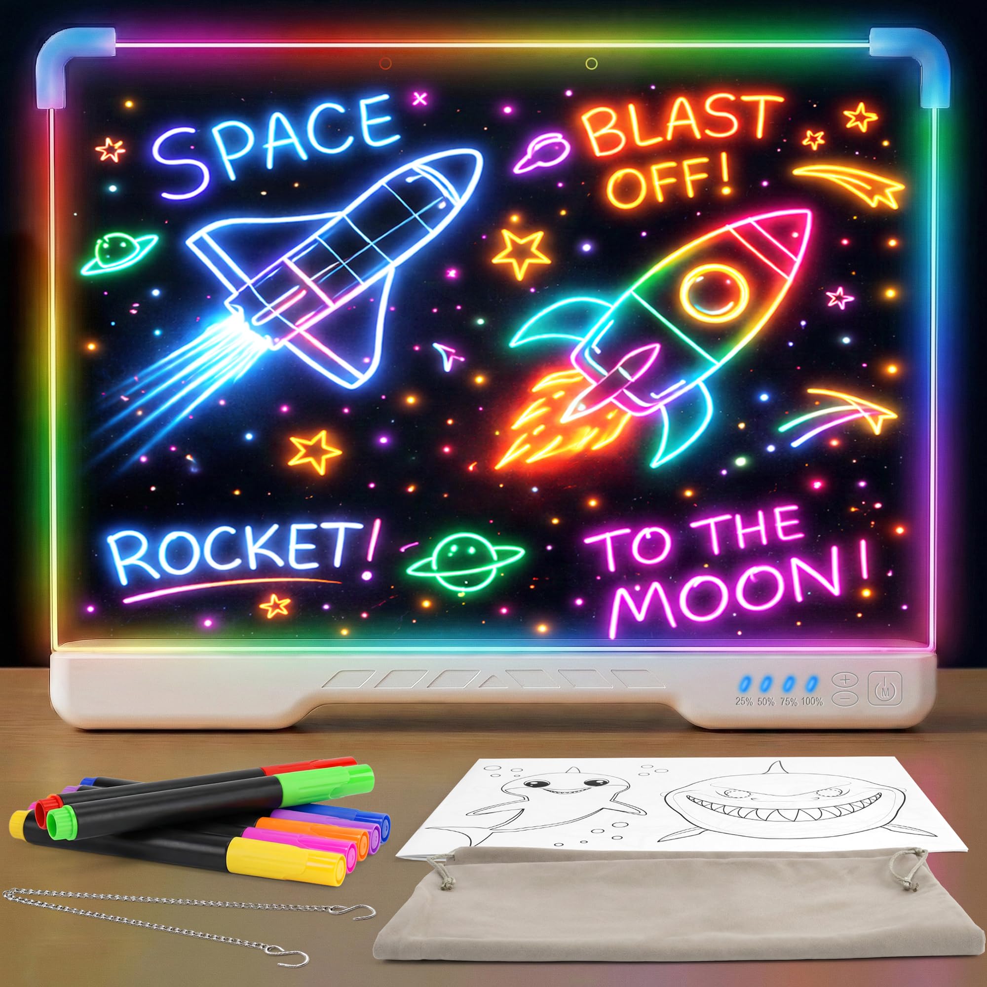 Rechargeable LED Drawing Board, 16-Inch Acrylic Dry Erase Board, Supports 7 Colors and 4 Modes, Includes 7 Pens and Tracing Book, Glow Doodle Message Pad, Night Writing Note Board with Soft Cloth