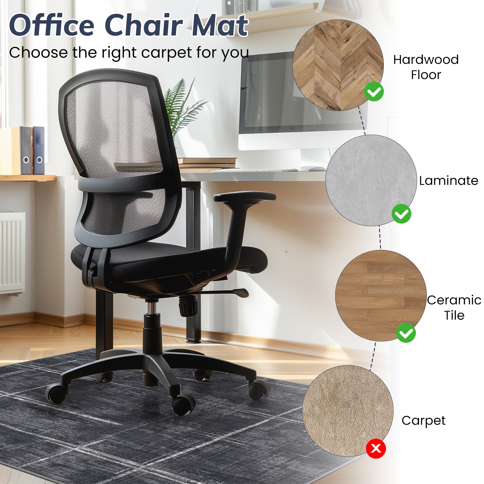 Office Chair Mat for Hardwood Floor&Tile Floor,36"X 48" Heavy Duty Desk Chair Mat for Hard Floors,Under Desk Rug for Rolling Computer Chair,Anti Slip,Low Pile Carpet Floor Protector