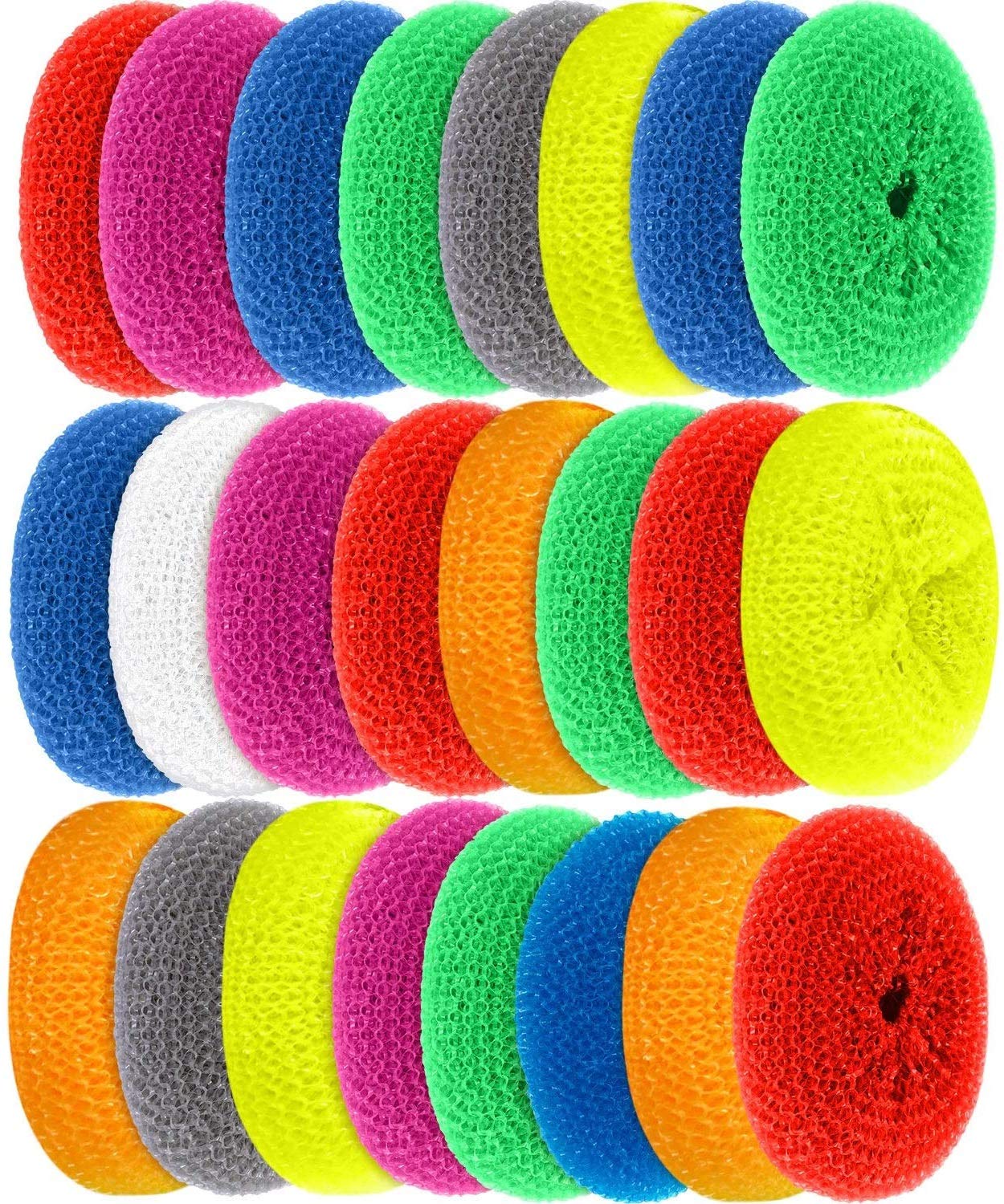 30Pack Scouring Pads Round Dish Pads Plastic Non-Scratch Dish Scrubbers Assorted Color Dish Mesh Scrubbers Net Cloth Scrubber -3.1X1.1Inch-RANDOM COLOR