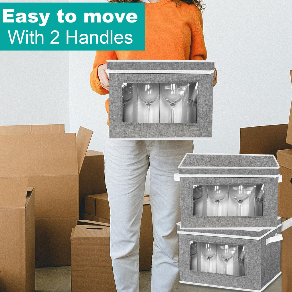 2 Pack Stemware Storage Cases, Wine Glass Storage Box with Dividers, China Crystal Glass Storage Containers Organizer for 24 Glassware Moving and Protection (Grey)