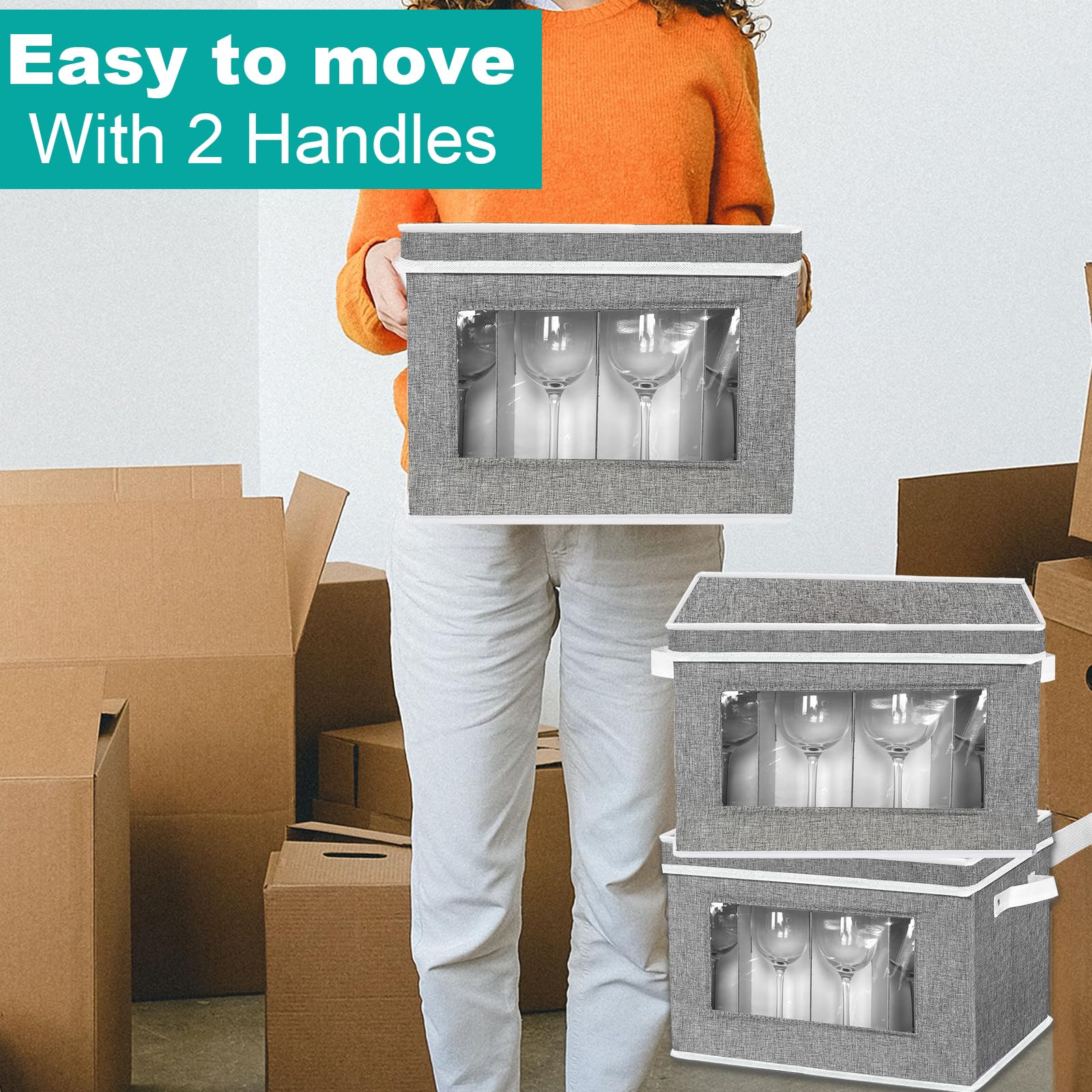 2 Pack Stemware Storage Cases, Wine Glass Storage Box with Dividers, China Crystal Glass Storage Containers Organizer for 24 Glassware Moving and Protection (Grey)