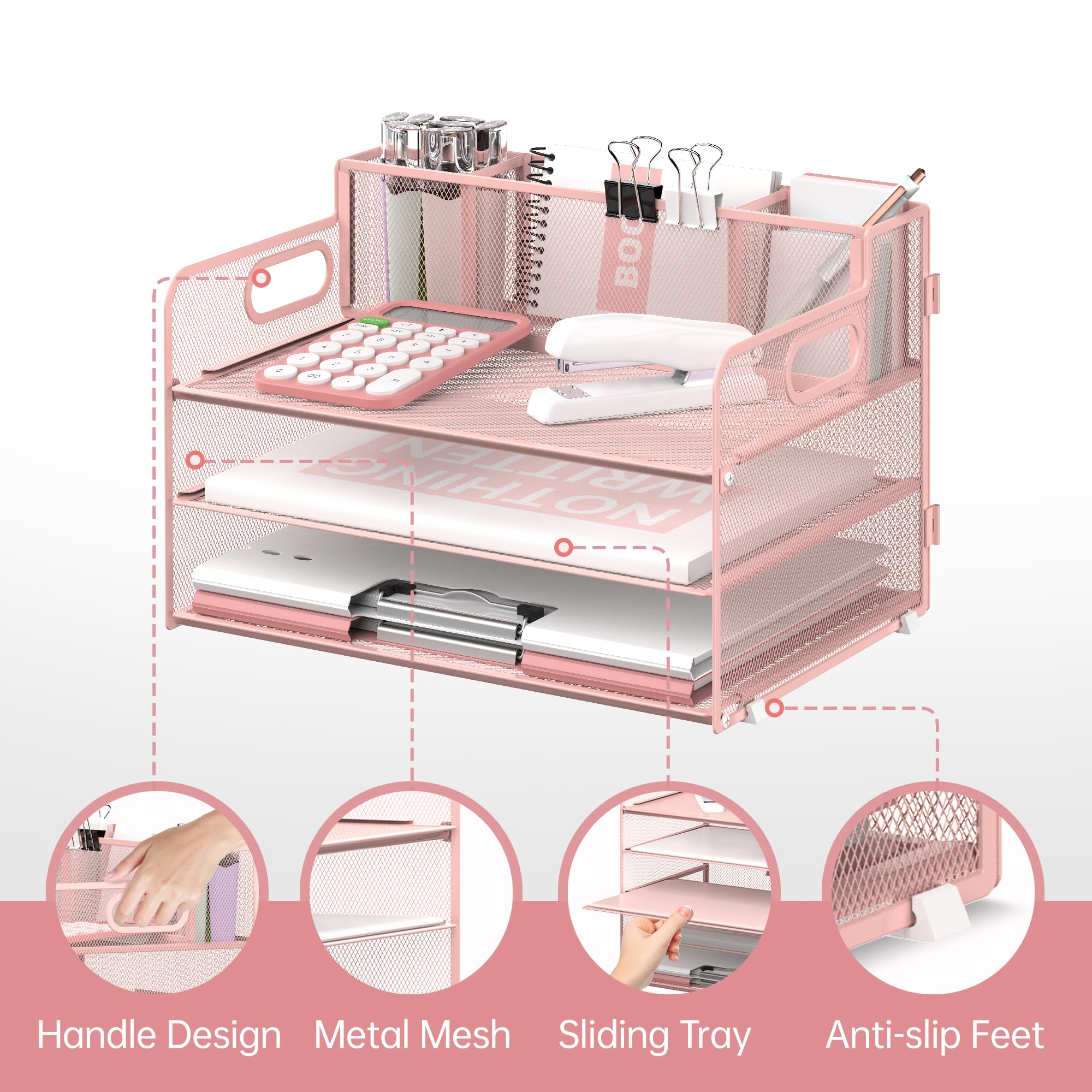 SUPEASY 3 Tier Desk Organizer with Handle & 3 Pen Holders, Mesh Paper/File Organizer for Desk, Paper Letter Tray Organizer for Office Supplies (Pink)