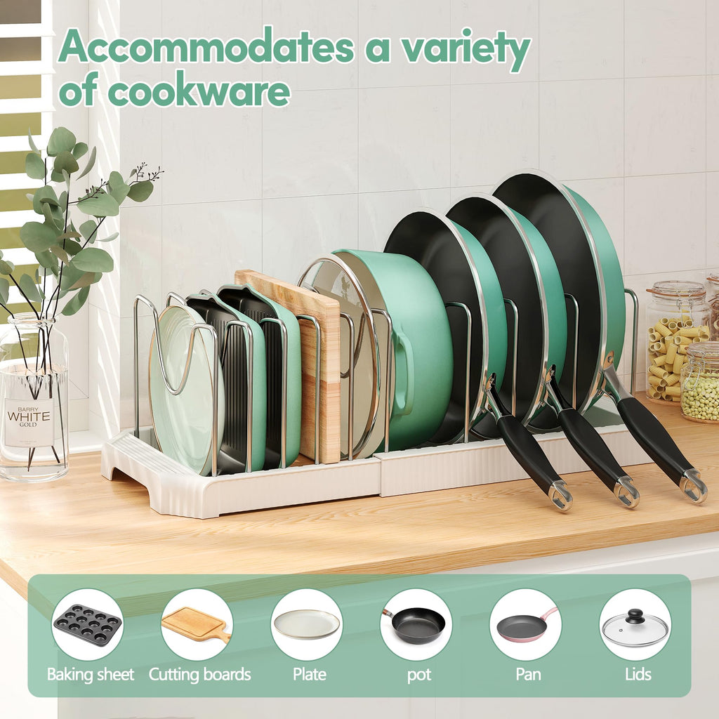 Pots and Pans Organizer for Under Cabinet, Expandable Pan Pot Organizers Inside Cabinet, Pot Rack for Kitchen Organizers and Storage Holder with Adjustable Compartment