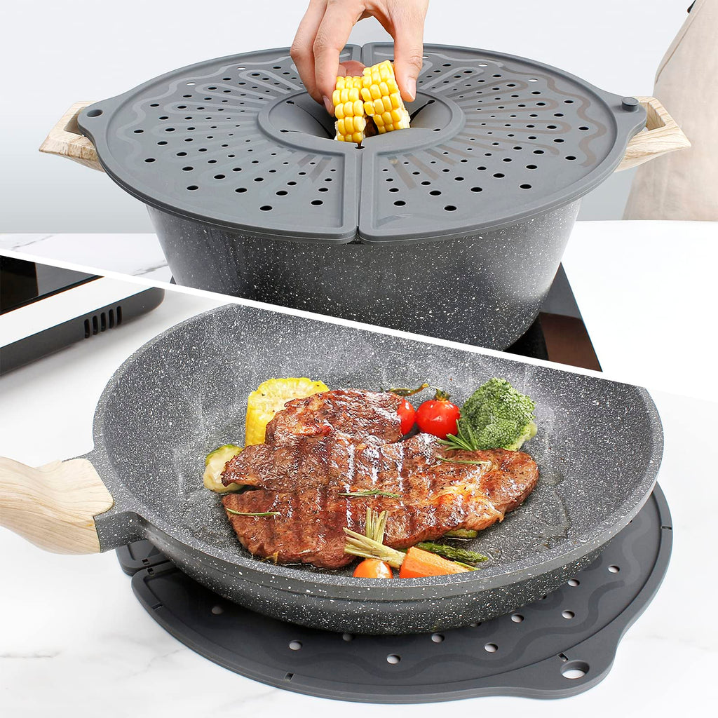Silicone Splatter Screen for 10, 11 and 12 Inch Frying Pan, Foldable Splash Guard, Multi-Use Grease Splatter Guard/Trivet Mat, 12" Non-Stick Oil Splatter Guard, Dishwasher Safe, BPA Free, Gray