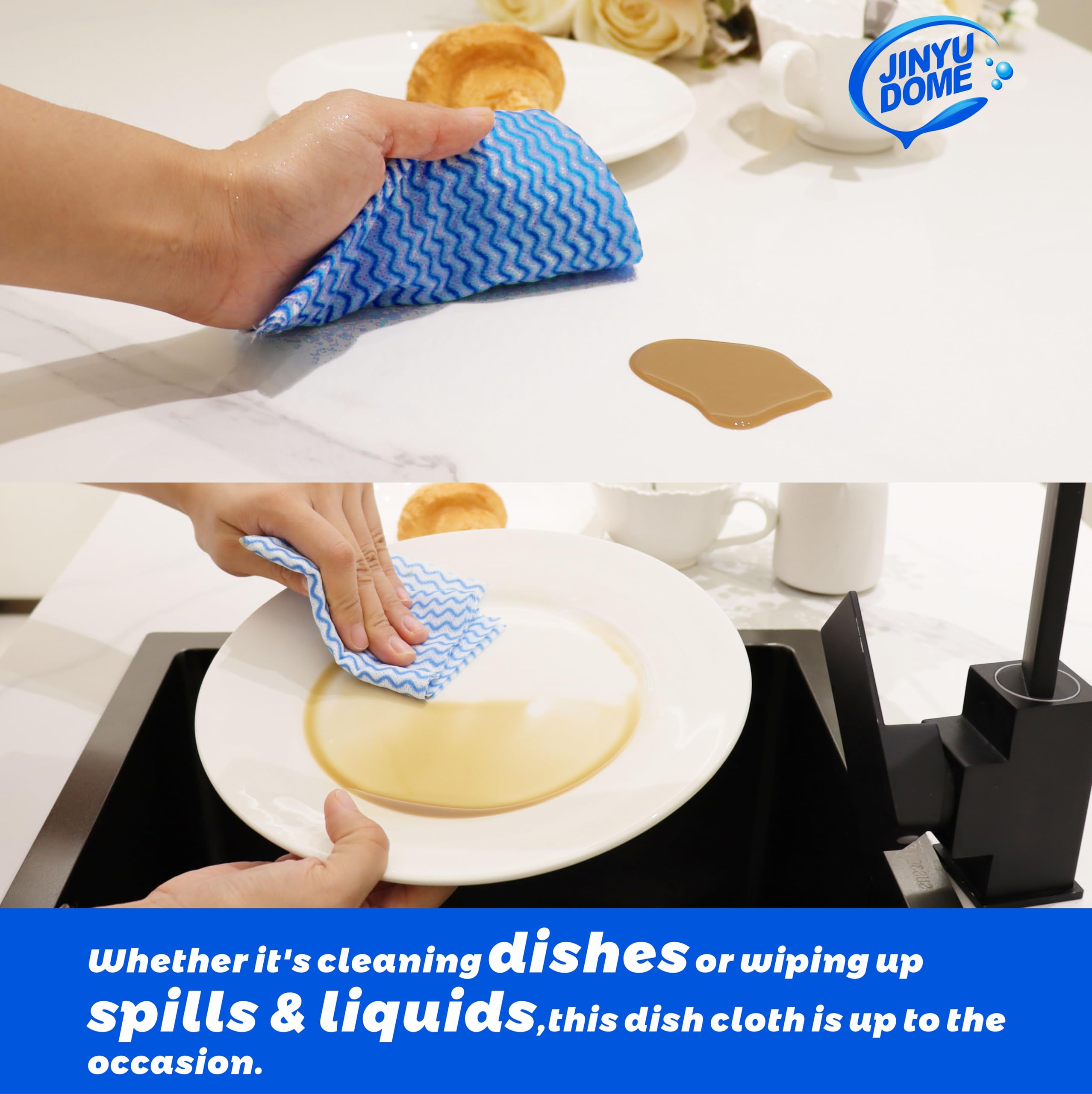 JINYUDOME Blue Handi Wipes Disposable Dish Cloths Heavy Duty Kitchen Towels Reusable Cleaning Wipe, 60 Count