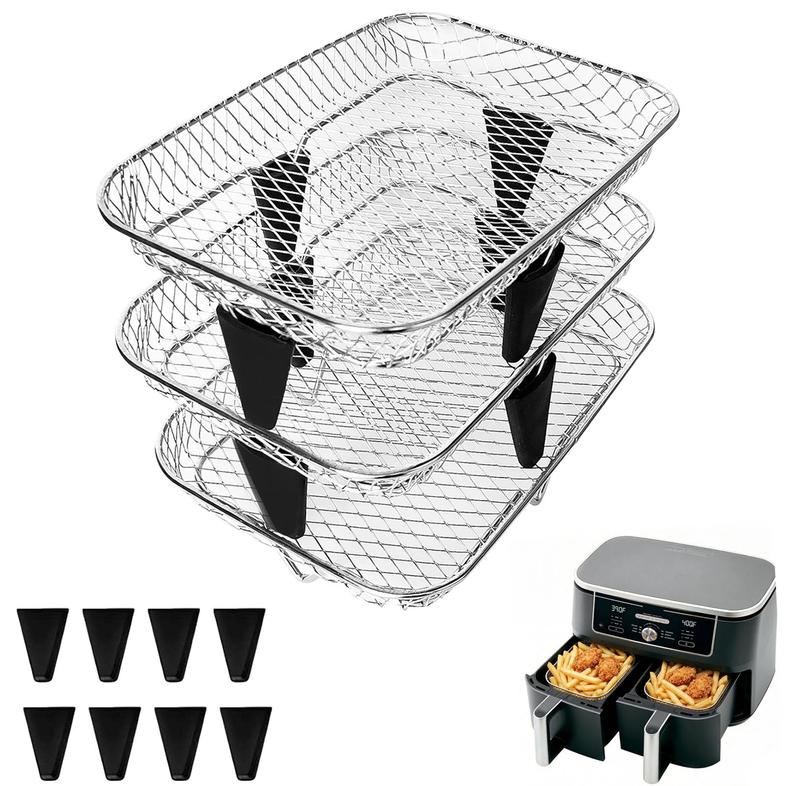 GWYXC 3-Tier Air Fryer Baskets, 7.79×5.23" Stackable Stainless Steel Racks for Ninja Foodi Dual Zone DZ071 DZ090 DZ201 DZ302 DZ401 DZ550 SL401, Rectangular Air Fryer Accessories with Silicone Feet