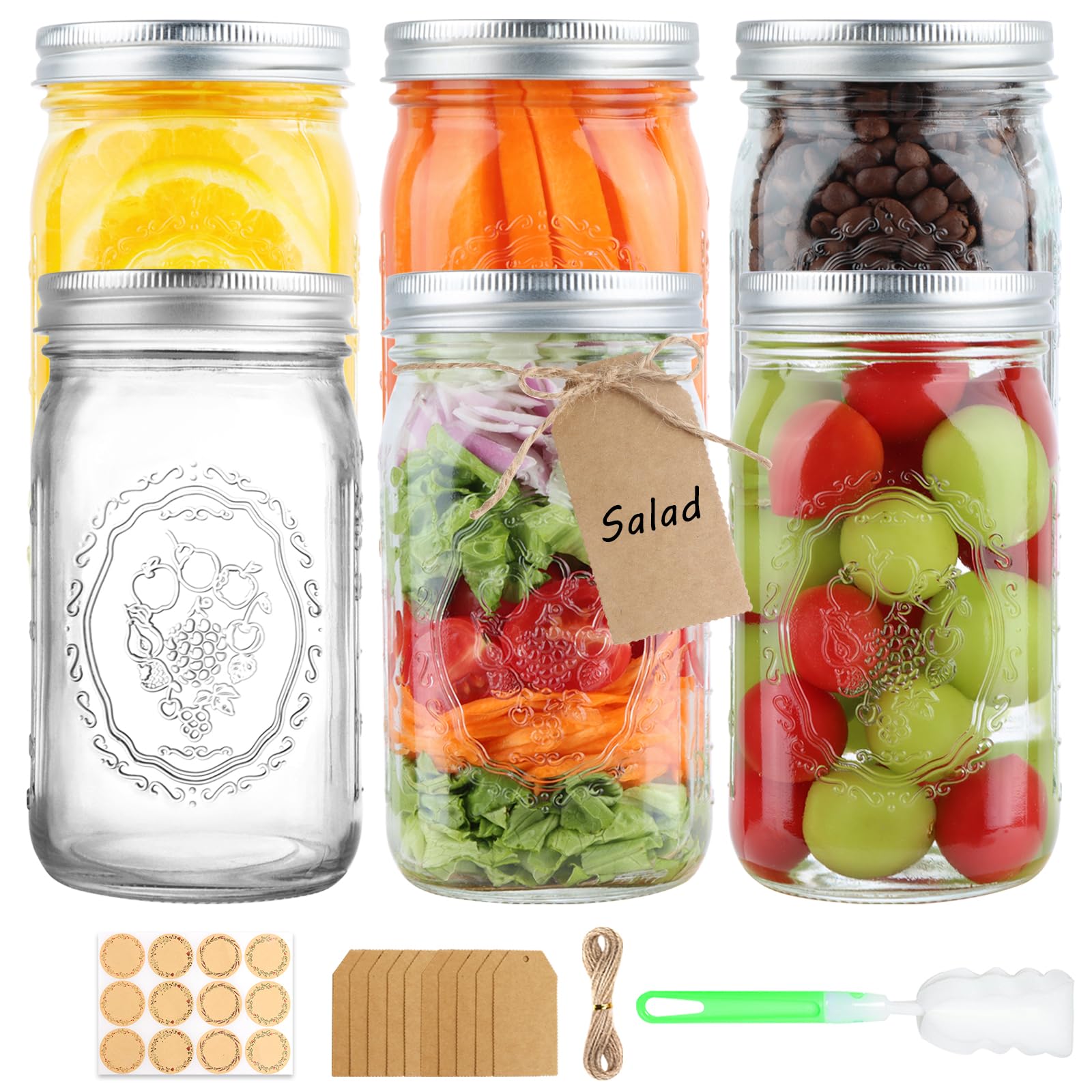 HWASHIN Wide Mouth Mason Jars 32 oz, 6 Pack Quart Canning Jars with Airtight Lids and Bands, Clear Glass Mason Jars for Canning, Pickling, Preserving, Meal Prep
