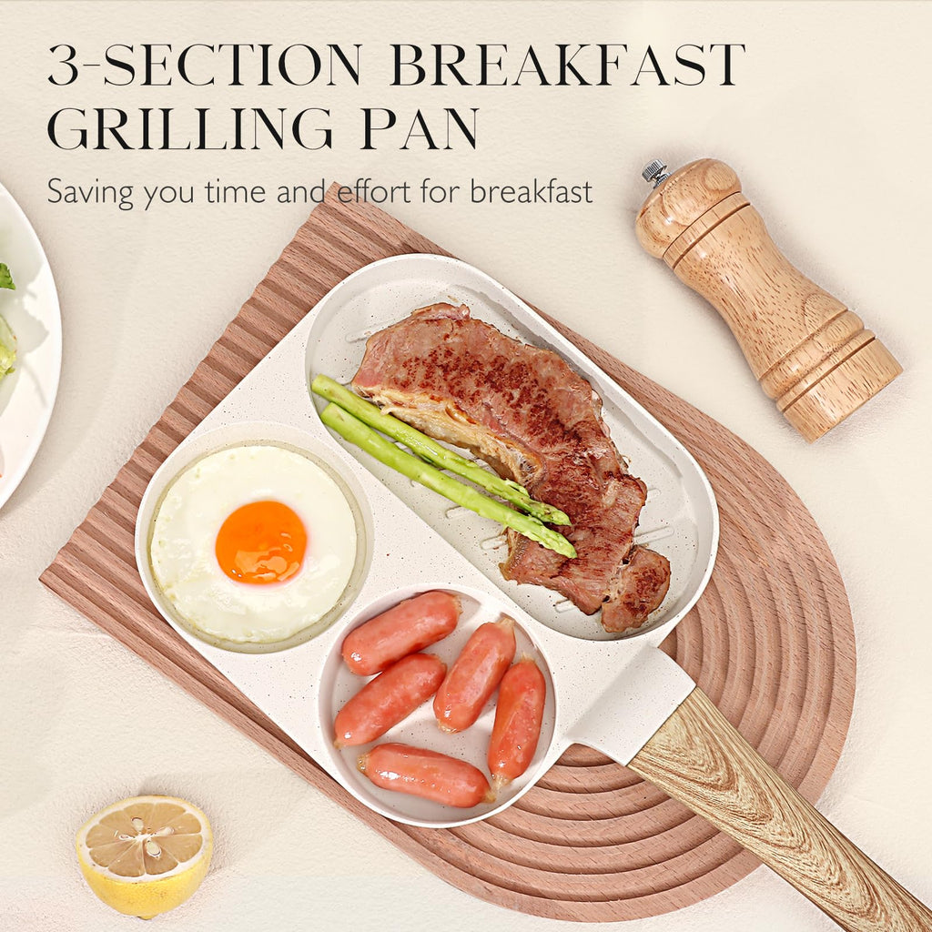 GiPP Ceramic Non Stick Egg Pan, 3-in-1 Divided Breakfast Omelette Frying Pan, 7.9" with Heat-Resistant Handle, Compatible with All Stove Tops, PFOA/POFS/PTFE Free, White