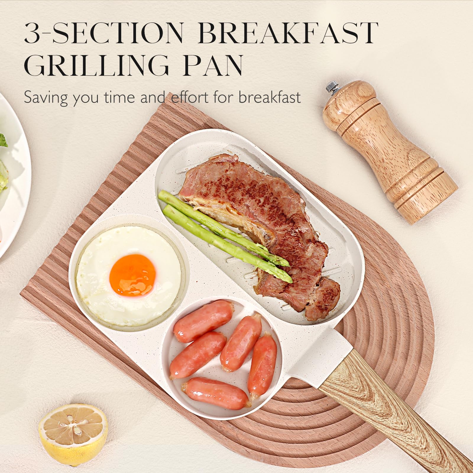 GiPP Ceramic Non Stick Egg Pan, 3-in-1 Divided Breakfast Omelette Frying Pan, 7.9" with Heat-Resistant Handle, Compatible with All Stove Tops, PFOA/POFS/PTFE Free, White