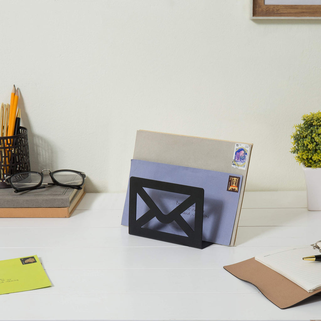 MyGift Modern Cutout Envelope-Design Black Metal Desktop Letter Holder