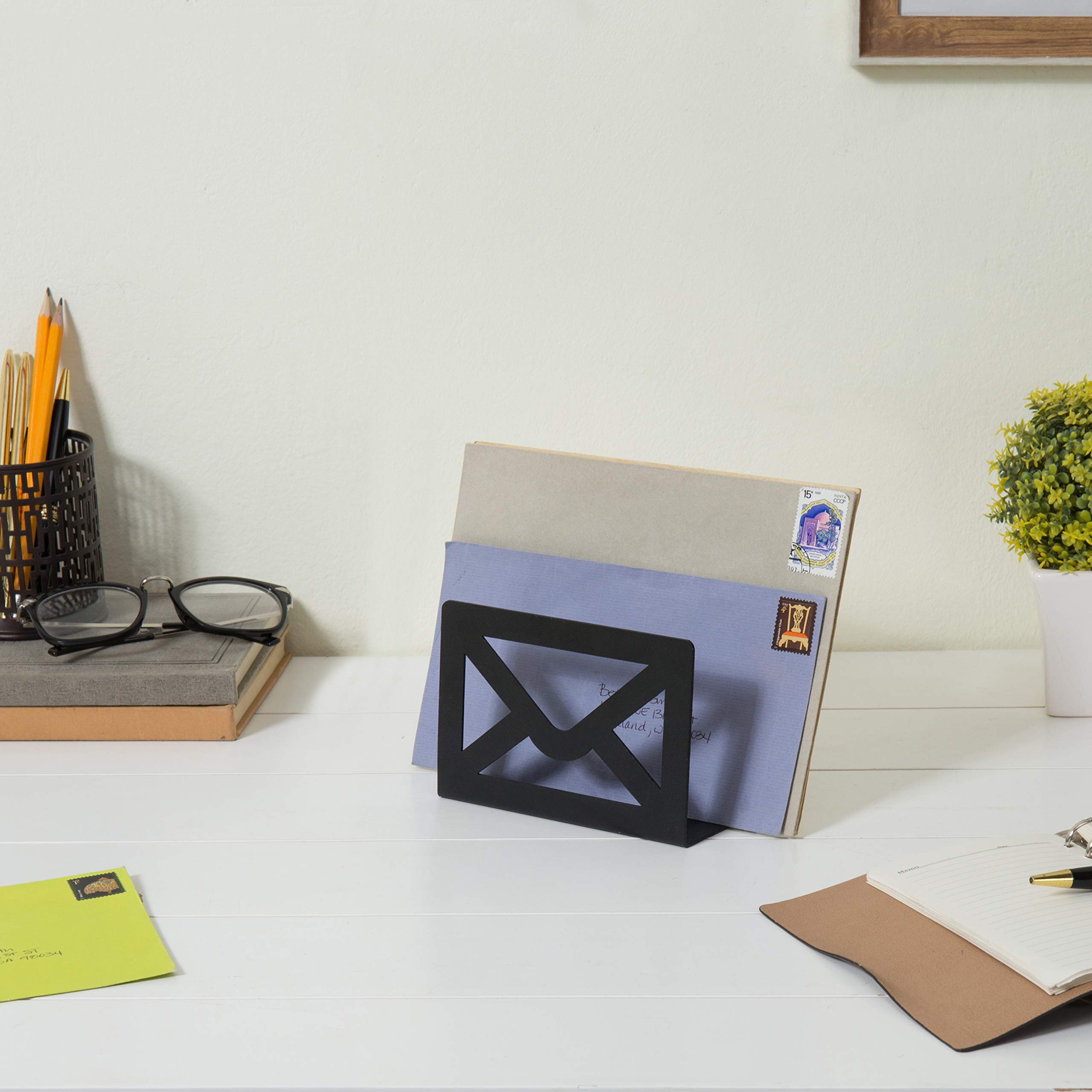 MyGift Modern Cutout Envelope-Design Black Metal Desktop Letter Holder