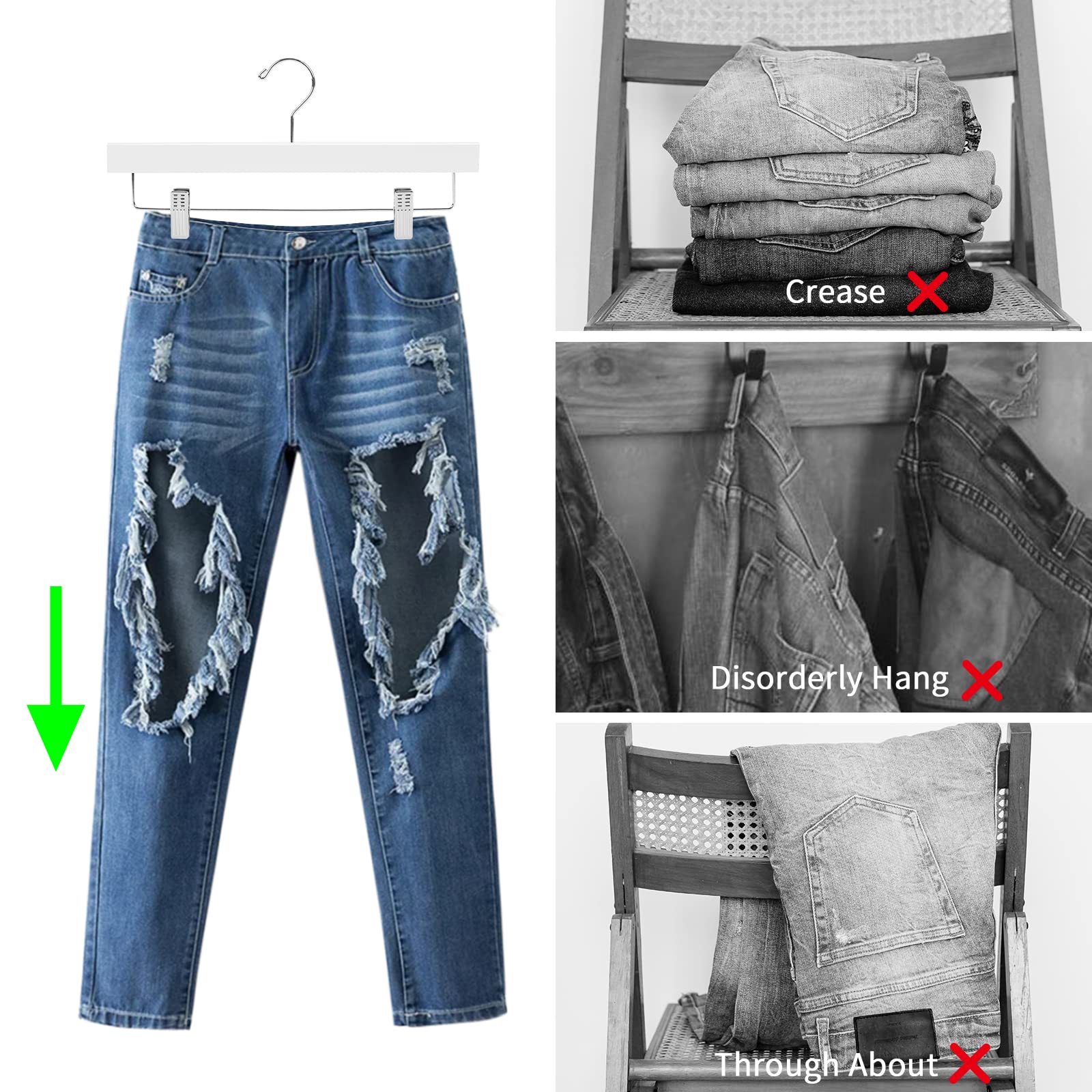 Nature Smile Solid Lotus Wood Deluxe Wooden Pants Hangers Bottom Hanger Jeans Hanger Skirt Hanger with 2-Adjustable Clips Anti-Rust Hook Pack of 10 (White)