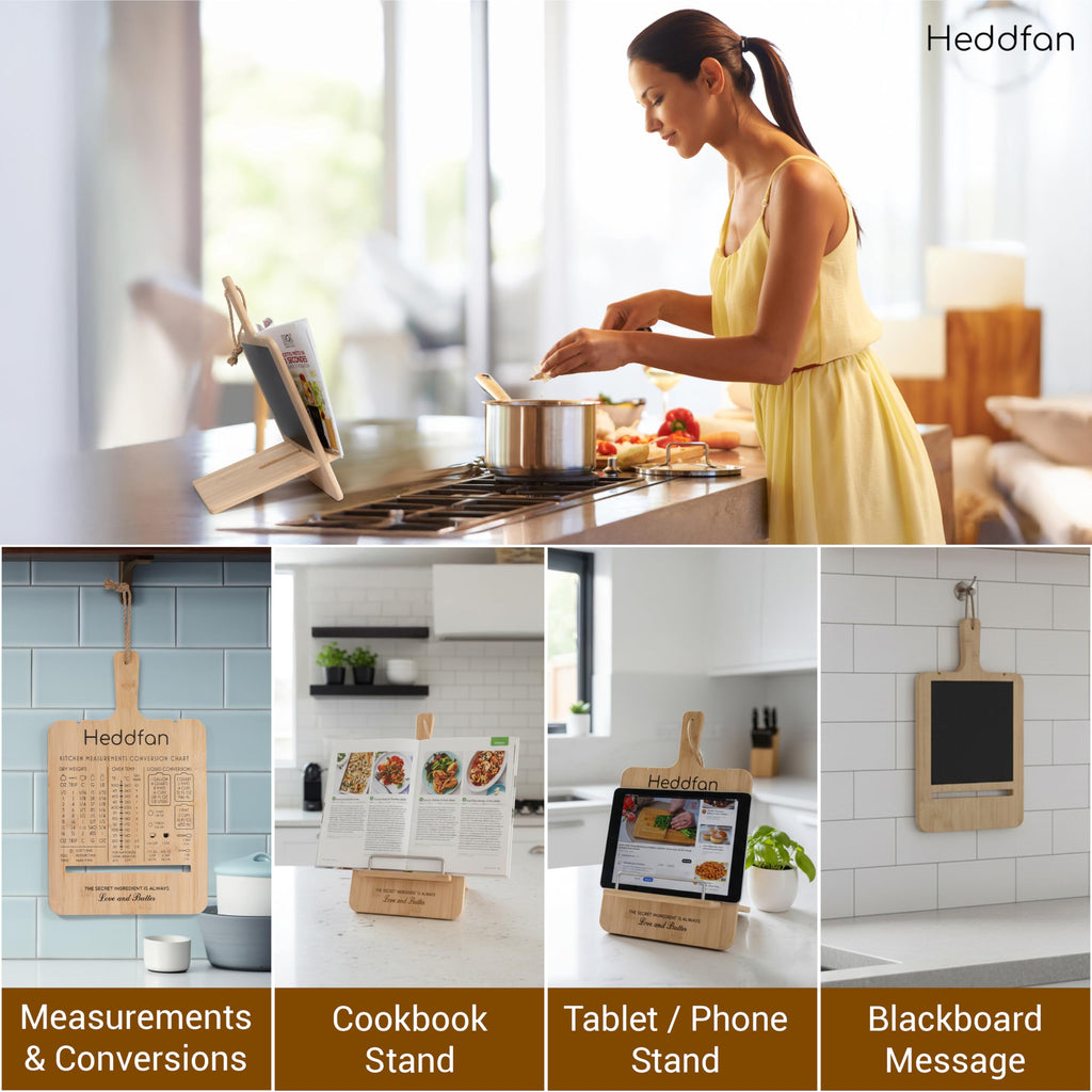 Adjustable Cookbook Stand with Conversion Chart & Built in Blackboard – Bamboo Recipe Book Holder for Kitchen Counter, Great for All Books, Phones, Tablets, & iPads