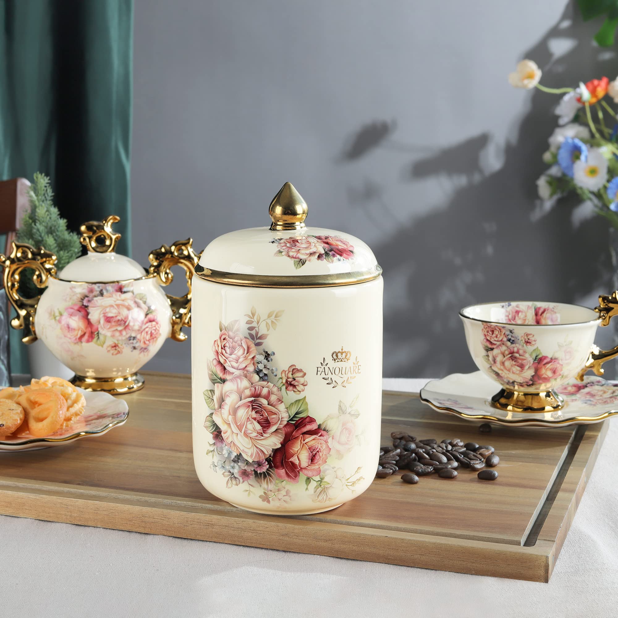 fanquare Porcelain Tea Canister, Normal Size Ceramic Jar, Vintage Gold Floral Countertop Container for Sugar, Tea, Coffee