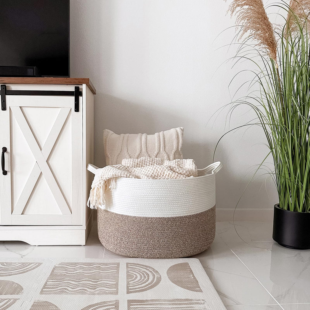 INDRESSME XXXLarge Cotton Rope Basket 21.7" x 21.7" x 13.8" Woven Baby Laundry Basket for Blankets Toys Storage Basket with Handle Comforter Cushions Storage Bins Thread Laundry Hamper