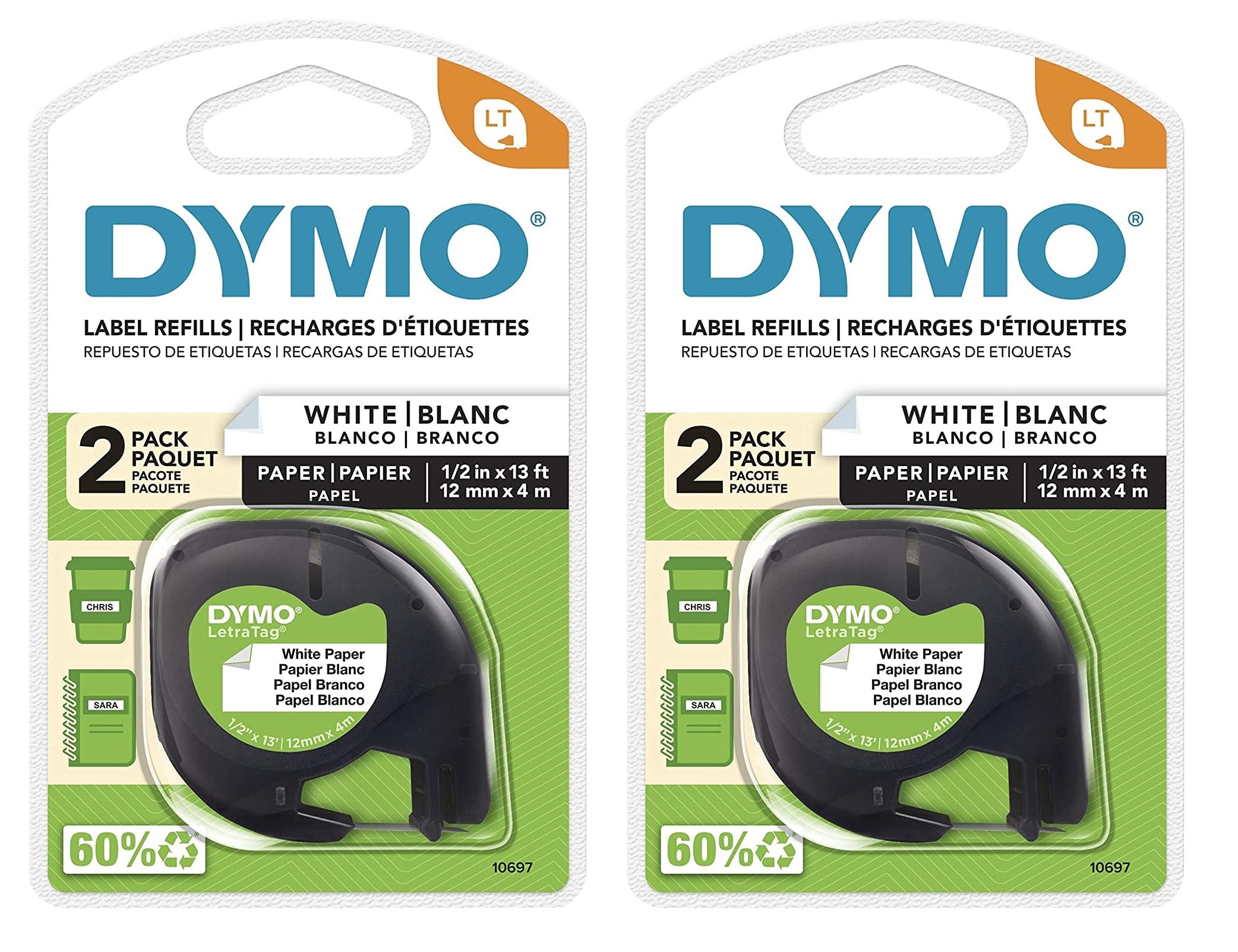 Dymo 10697 Self-Adhesive White Paper Labeling Tape for LetraTag, 2 Blister Packs (4 Refills), Black on White, 1/2-Inch Wide x 13 Feet Long
