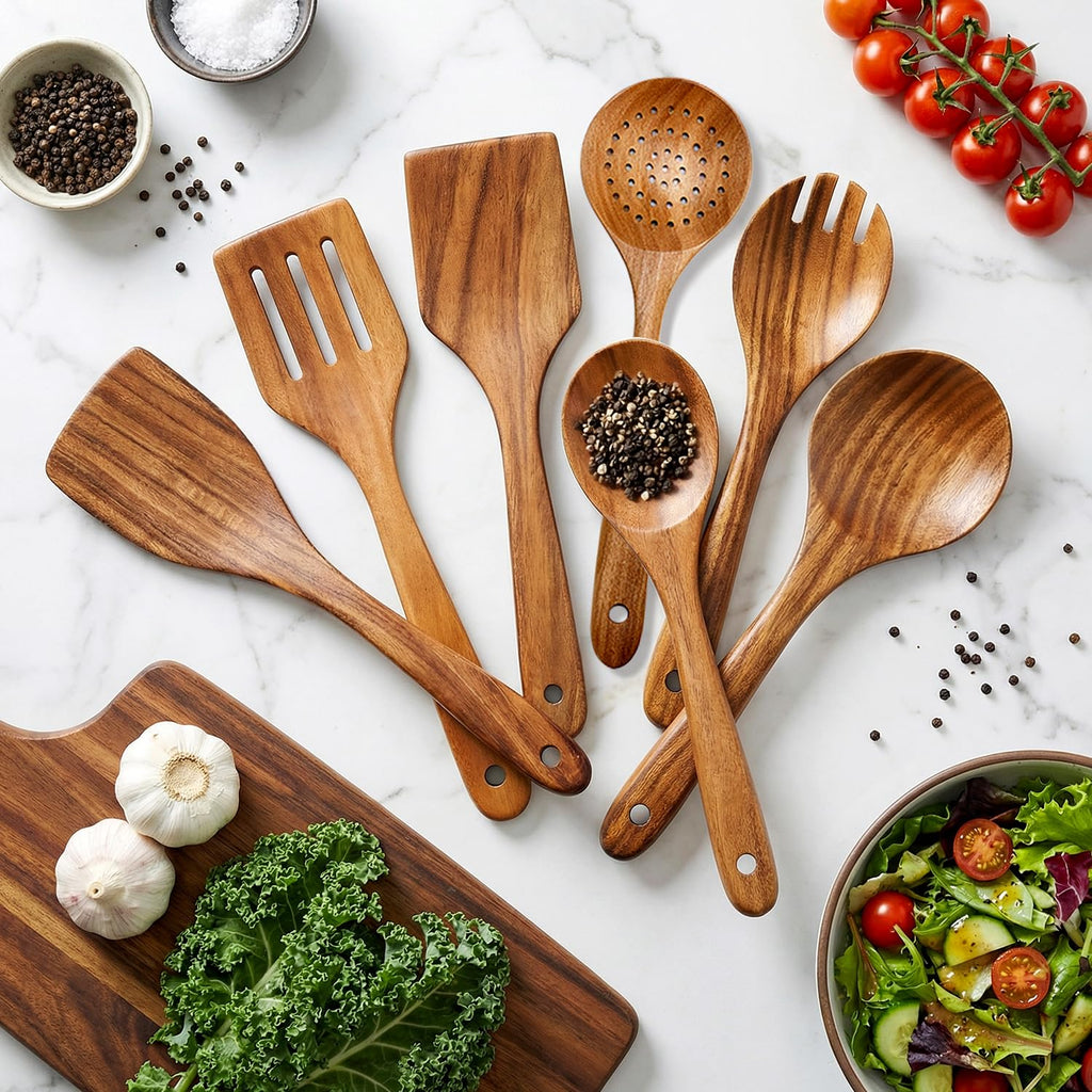 7 Pcs Acacia Wood Cooking Utensils Set Large Wooden Spoons for Cooking Spatula Salad Spoon Salad Fork Slotted Spoon Mixing Spoon Flat Spatula Turner Kitchen Utensils