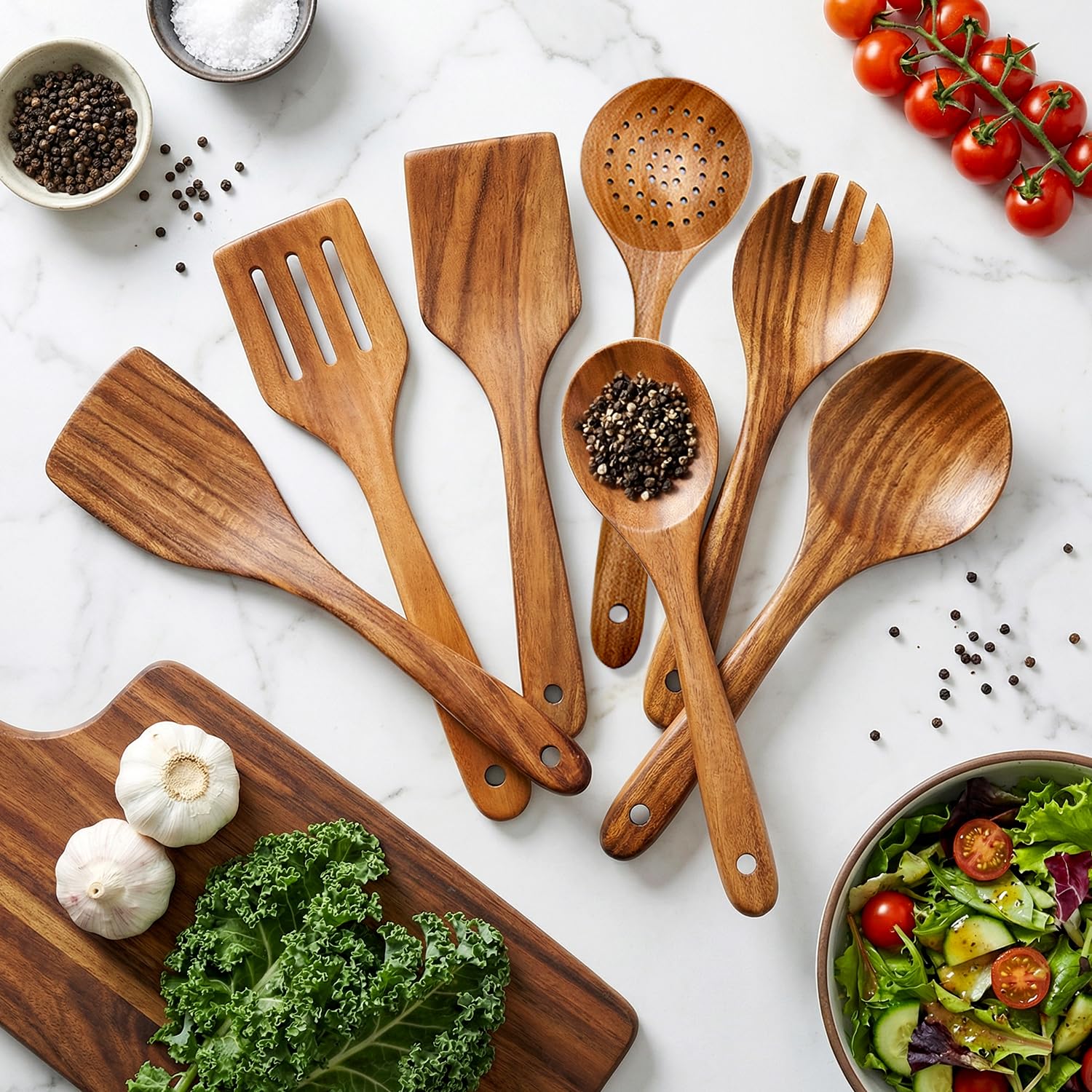 7 Pcs Acacia Wood Cooking Utensils Set Large Wooden Spoons for Cooking Spatula Salad Spoon Salad Fork Slotted Spoon Mixing Spoon Flat Spatula Turner Kitchen Utensils