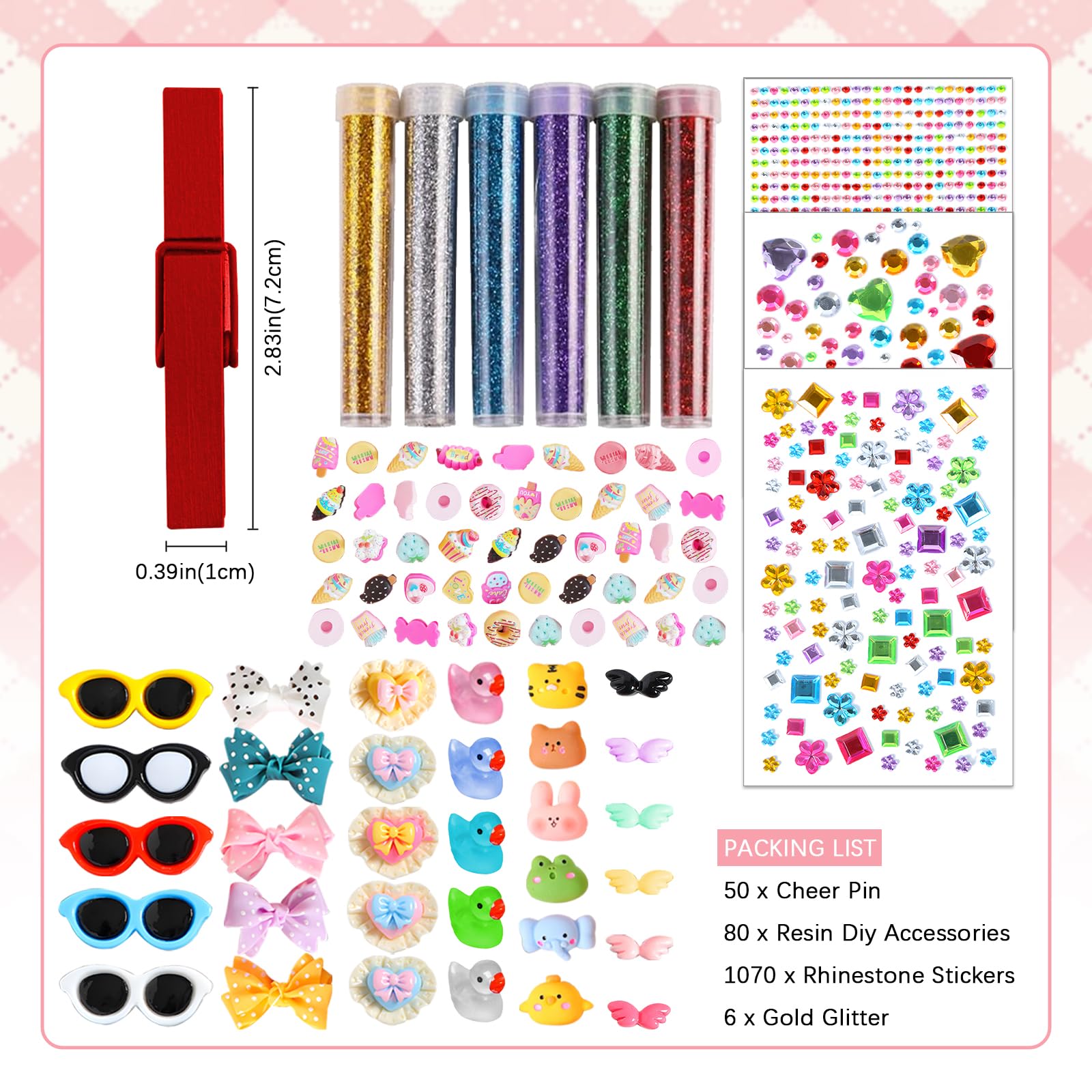 50 Set Cheer Pins Spirit Clips, CNYMANY Wooden Clothespins for Backpacks Decorations Includes Mini DIY Resin Duck Glasses Colored Beads Bows for Cheer Team Gifts