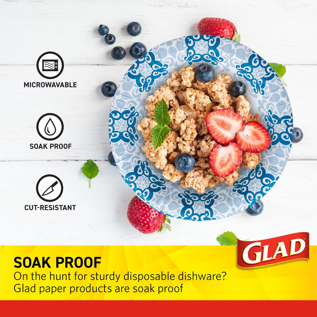 Glad Round Disposable Paper Bowls, Green Victorian Design - Heavy Duty, Soak Proof, Cut-Resistant, Microwavable Bowl for All Foods & Daily Use, 16 Oz, 50 Count