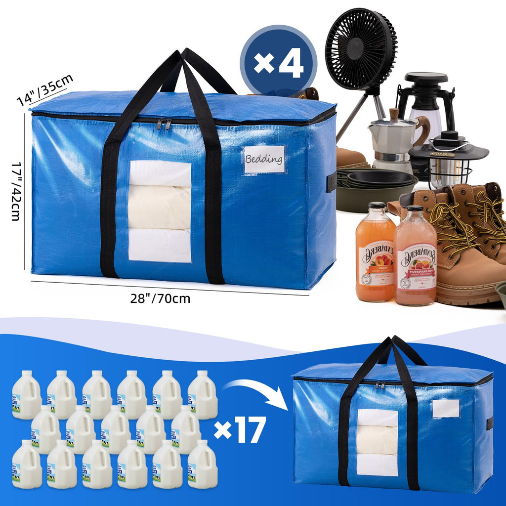 TAILI Extra Large Moving Bags, Heavy Duty Totes for Storage with Visible Window, U-Shaped Around Handles, Storage Contrainer Box for Space Saving, Blue, 4 Pack