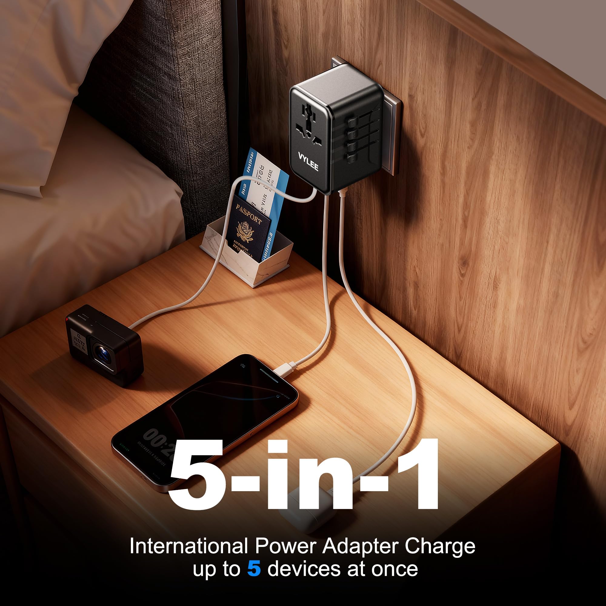 VYLEE Travel Adapter Worldwide, Universal Travel Plug Adapter with 2 USB C and 2 USB A, International Socket Adapter for USA, England, Japan, Maldives, Sri Lanka, Australia (Type A/C/D/G/I)