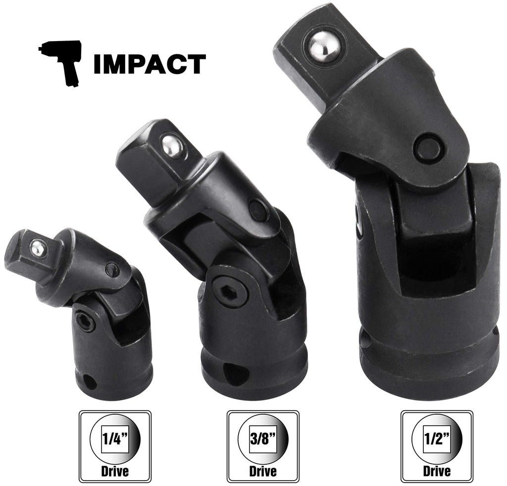 EPAuto Impact Universal 1/2", 3/8", and 1/4" Universal Joint Ball Spring Socket Swivel Set, Cr-V, 3 Pieces