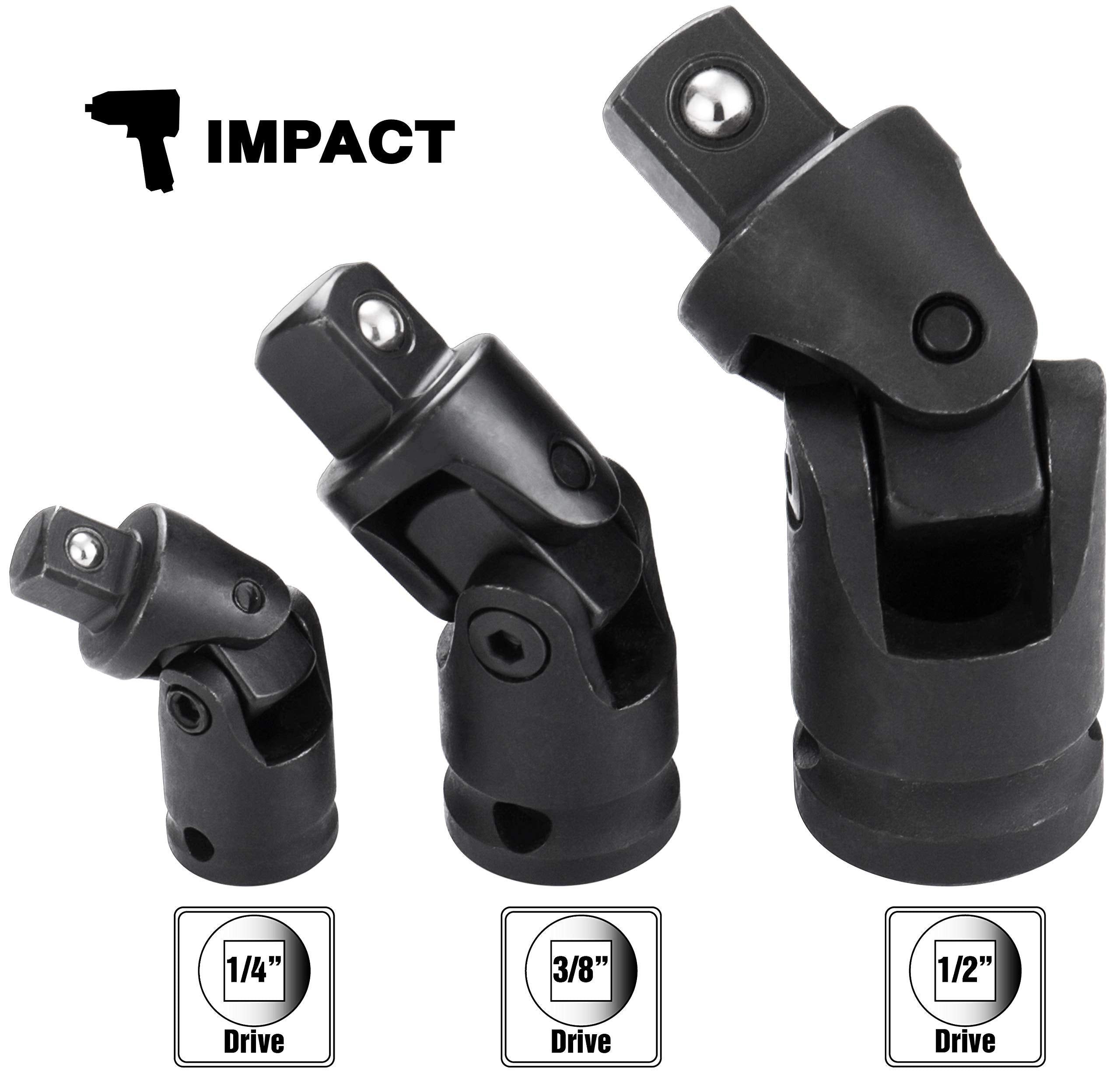 EPAuto Impact Universal 1/2", 3/8", and 1/4" Universal Joint Ball Spring Socket Swivel Set, Cr-V, 3 Pieces
