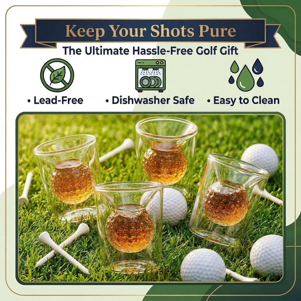 Golf Ball Shot Glass Set Funny Handmade Golf Gifts for Men - 2 oz Double Walled Glasses with 3D Shape Golf Ball Inside for Tequila, Scotch, Whiskey, Bourbon, and Cocktail (4)