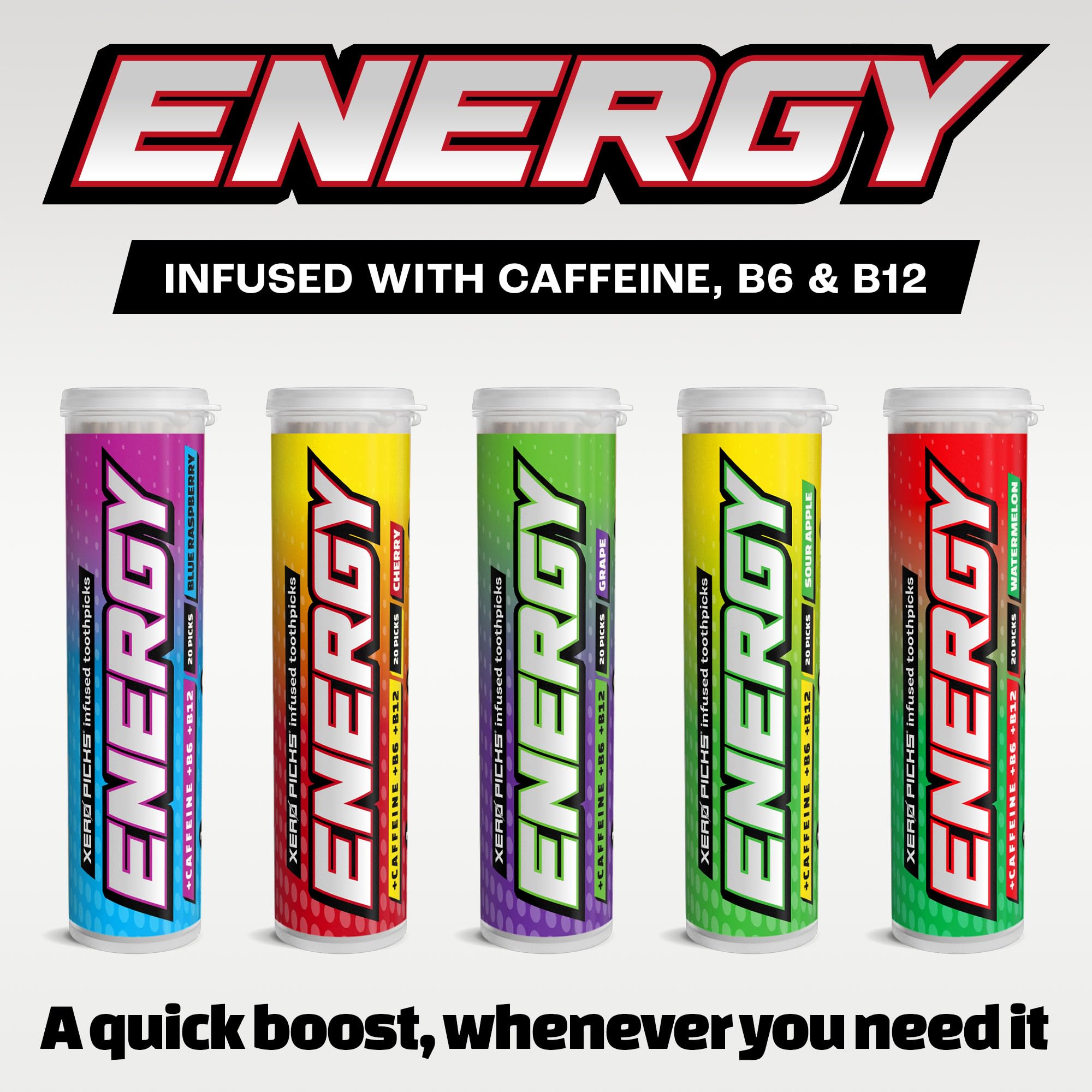 Xero Picks ENERGY Infused Flavored Toothpicks with Caffeine, B12, and B6 (Variety, 5 Pack)