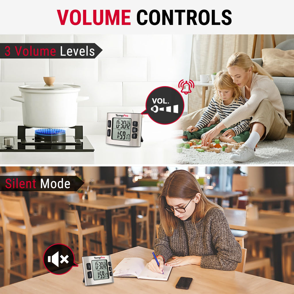 ThermoPro TM02 24 Hours Digital Timer with Dual Kitchen Timers for Cooking, Stop Watches Magnetic Timer Clock with Adjustable Alarm Volume & LCD Backlit Display, Classroom Timer for Kids & Teachers
