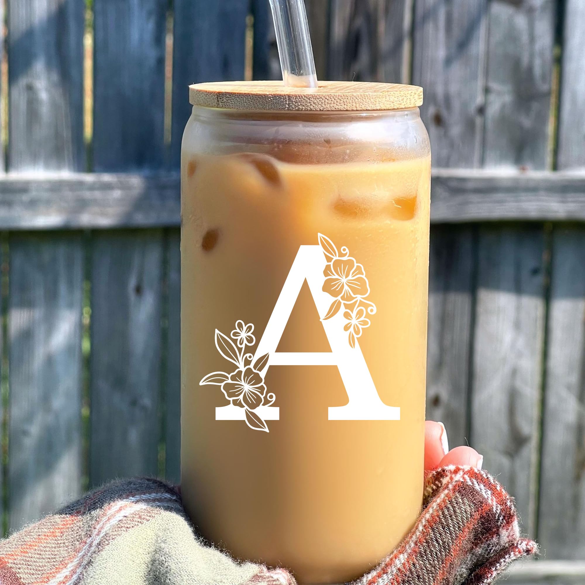 Personalized Customized Gifts for Women, Cute Monogrammed Glass Cups with Lids and Straws, Initial Iced Coffee Cup Drinking Glasses, Custom Letter Mug Tumbler, Birthday Christmas Gifts for Her Mom, M