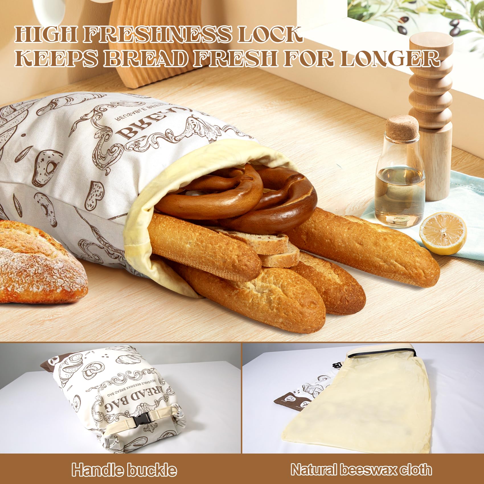 2 Pcs Beeswax Bread Bags,With Buckle Reusable Bread Bag,Large Capacity for Homemade Bread,Sourdough Bread Bags,Cotton Beeswax Bag for Fresh Bread Storage