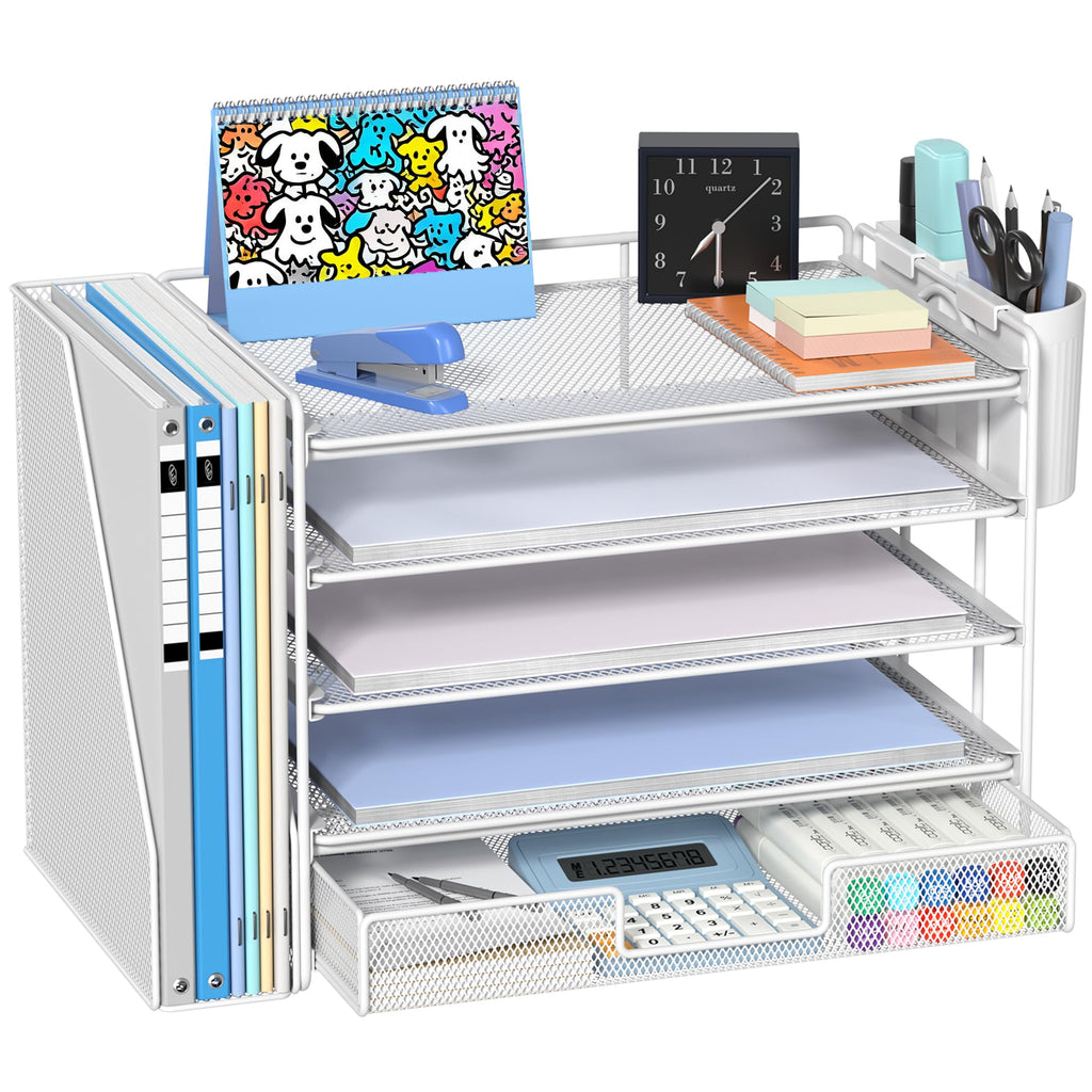 Gugsey Desk Organizer with File Holder, Organisateur et Accessoire de Bureau, 5-Tier Paper Letter Tray with Drawer and Pen Holder, Desktop Office Accessories for School, Home, Office Supplies (White)