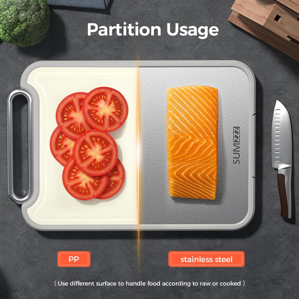 Sumzzz Stainless Steel Cutting Board for Kitchen, 2-in-1 Double-Sided Chopping Board, Dishwasher Safe, Food Grade Stainless Steel/PP, Easy to Clean, Large Size, Non-Slip, 16”×11”