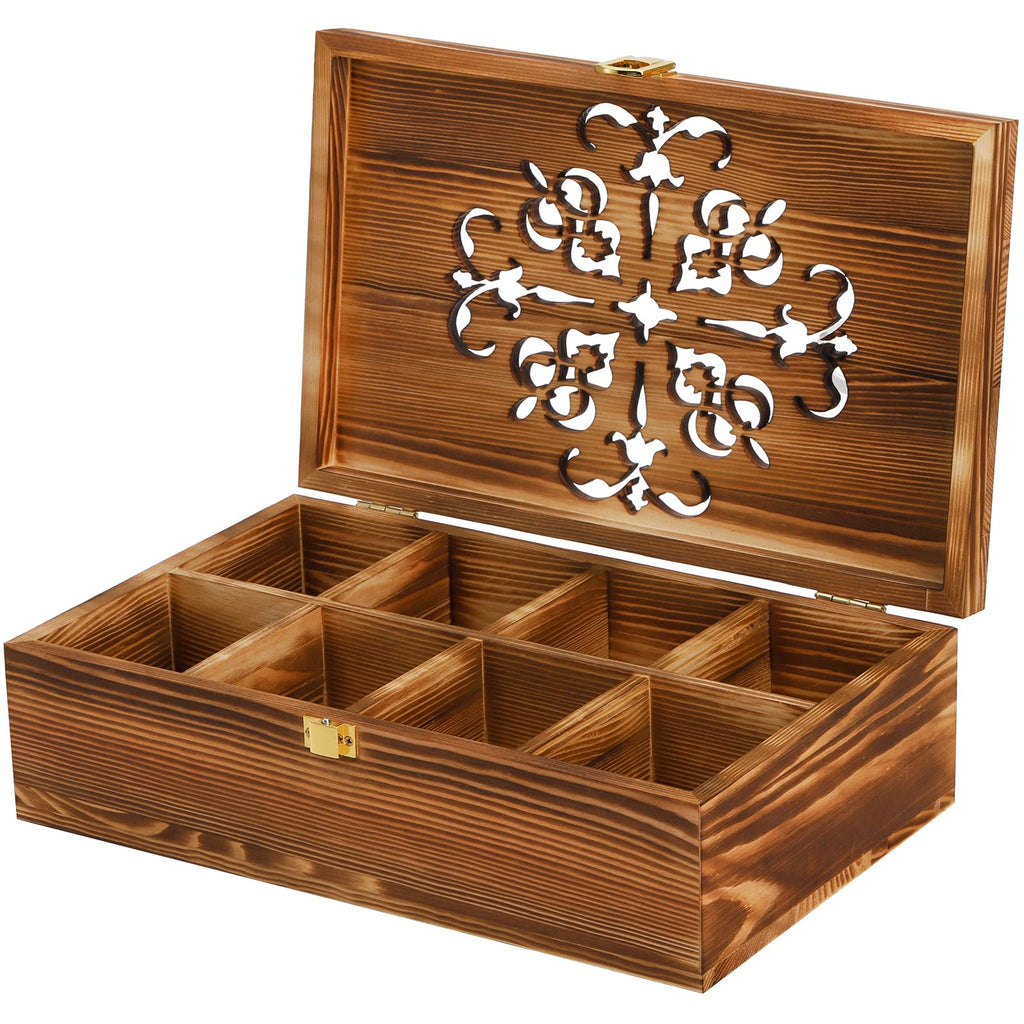 Coloch Wooden Tea Bag Storage Box with Carved Lid, 8-Compartment Tea Chest Organizer Spice Packets Container for Living Room, Kitchen, Gift for Office, Home Decor